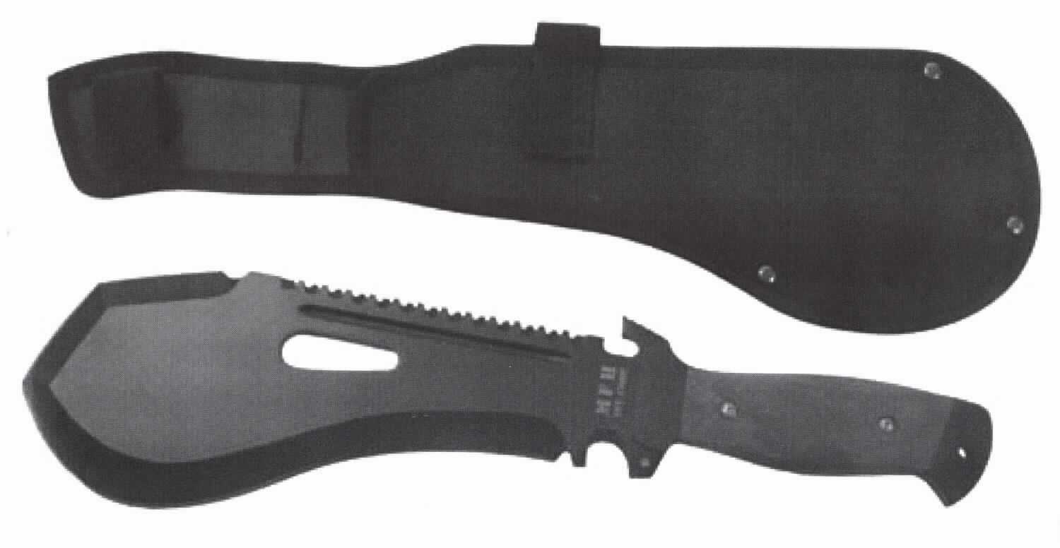 "Machete"; 

- Ware mit verschiedenen Funktionen 

- - in Form einer Machete mit einer Klinge aus unedlem Metall mit einer Klingenlänge von 
    ca. 25 cm und einem Griff aus Holz (Pos. 8201) 

- - auf der Klingenrückseite befindet sich am vorderen Ende eine feine Säge und am hinteren
    Ende eine grobe Säge, die mit einem Anschlag versehen ist (Pos. 8202)

- - mit einer Öffnung im Blatt, die als Schraubenschlüssel mit nicht verstellbarer Spannweite für 
    verschiedene Schraubengrößen genutzt werden kann (Pos. 8204)

- - auf der Klingenseite befindet sich zwischen der Klinge und dem Holzgriff eine U - förmige
    Aussparung, die als Riemencutter dient, dieser kann auch zum Abschälen von Rinden 
    verwendet werden (Pos. 8214)

- - Gesamtlänge von ca. 39 cm

- - aufgrund der verschiedenen Funktionen gehört diese Ware in Anwendung der AV 3 c) in die
    zuletzt genannte der gleichermaßen in Betracht kommenden Positionen (Pos. 8214)

- in einer speziell zur Aufnahme des o. a. Erzeugnisses hergerichteten, zum dauernden 
  Gebrauch geeigneten Nylonscheide aufgemacht

Abbildung siehe Anlage.

Derartige Erzeugnisse gehören als "andere Schneidwaren mit Klinge aus unedlem Metall, andere als in den TARIC-Codes 8214 1000 00 und 8214 2000 00 genannte" zum TARIC-Code 8214 9000 00.