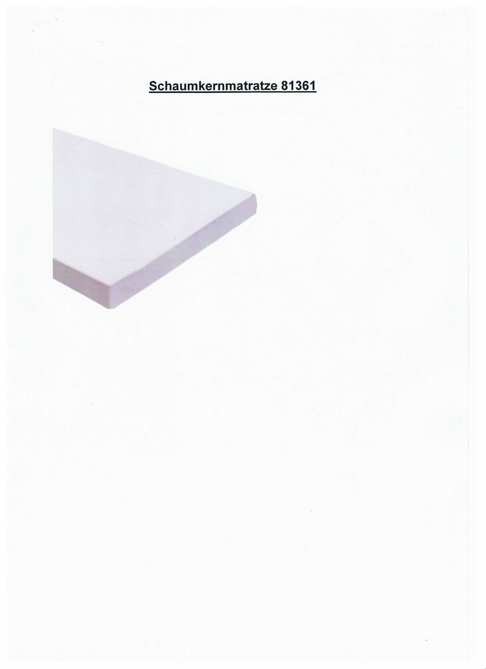 Schaumkernmatratze, Art. 81361, siehe Foto.
Es handelt sich um eine ca. 140 x 70 x 7cm (LxBxD) große Matratze aus Zellkunststoff (Schaumkern lt. Astin), die von einem weißen Baumwollbezug umhüllt ist.

Die Ware ist als "Bettausstattung, Auflegematratze, aus Zellkunststoff" einzureihen.