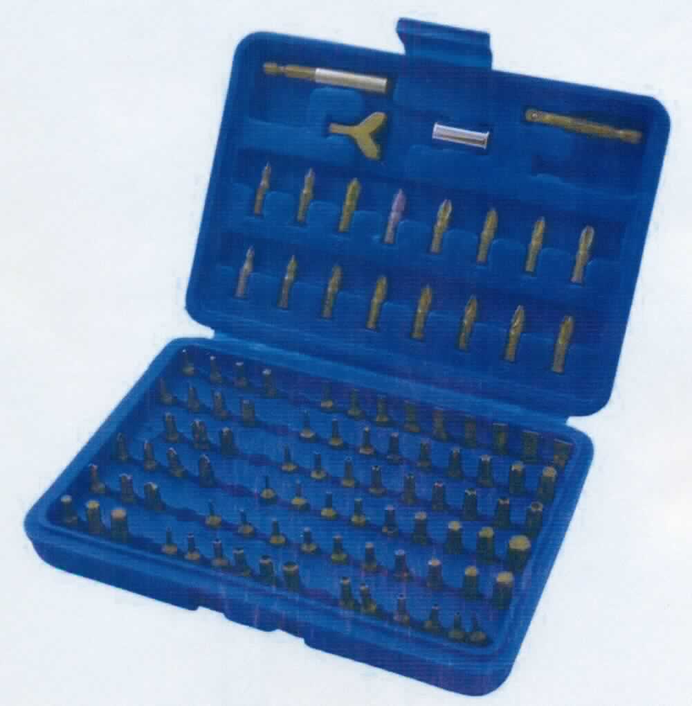"Bitsatz 100 tlg."; Warenzusammenstellung in Aufmachung für den Einzelverkauf, 
bestehend aus

- 95 Schraubendrehereinsätzen (Bits)
- - 9 Schlitz
- - 16 Kreuz
- - 9 T-Profil
- - 9 Pozi
- - 18 Innensechskant
- - 9 Innenvielzahn
- - 4 Spanner
- - 9 Torque
- - 8 Tri Wing
- - 4 Doppelkeil
- - zur Verwendung in Handwerkzeugen oder Werkzeugmaschinen 
    (z. B. Bohrmaschine oder Akkuschrauber)

- einem magnetischen Bithalter (Außensechskant auf Innensechskant)

- einem Schraubhaken

- einem Bohrmaschinen-Bit-Adapter (Innenvierkant auf Innensechskant)

- einem Doppel-Außenadapter (Außensechskant auf Außenvierkant)

- vollständig aus Stahl hergestellt

- gemeinsam in einer für den dauernden Gebrauch geeigneten und speziell für 
  die Aufnahme der o. A. Werkzeuge gestalteten Kunststoffbox aufgemacht

- im Hinblick auf die Menge sowie die Bedeutung für die Verwendung bestimmen die Bits 
  den Charakter der Warenzusammenstellung

Abbildung siehe Anlage.

Derartige Erzeugnisse gehören als "andere auswechselbare Werkzeuge 
(Schraubendrehereinsätze) zur Verwendung in mechanischen oder nicht mechanischen 
Handwerkzeugen oder in Werkzeugmaschinen mit arbeitendem Teil aus Stahl" zum 
TARIC-Code 8207 9030 00.