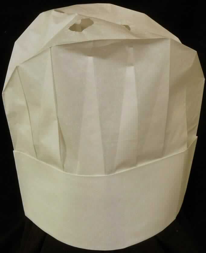 Kopfbedeckung, sog. Kochmütze plissiert, Foto siehe Anlage,
- aus Papierzuschnitten (lt. Antrag Spezial-Krepp-Papier) hergestellt,
- in der Art einer Kochmütze,
- flach gefaltet, mit einer Breite von ca. 28 cm und einer Höhe von ca. 22 cm,
- größenverstellbar,
- oben geschlossen,
- wird zu hygienischen Zwecken z.B. in der Lebensmittelbranche getragen.

"Kopfbedeckung (Kochmütze), aus Papier "