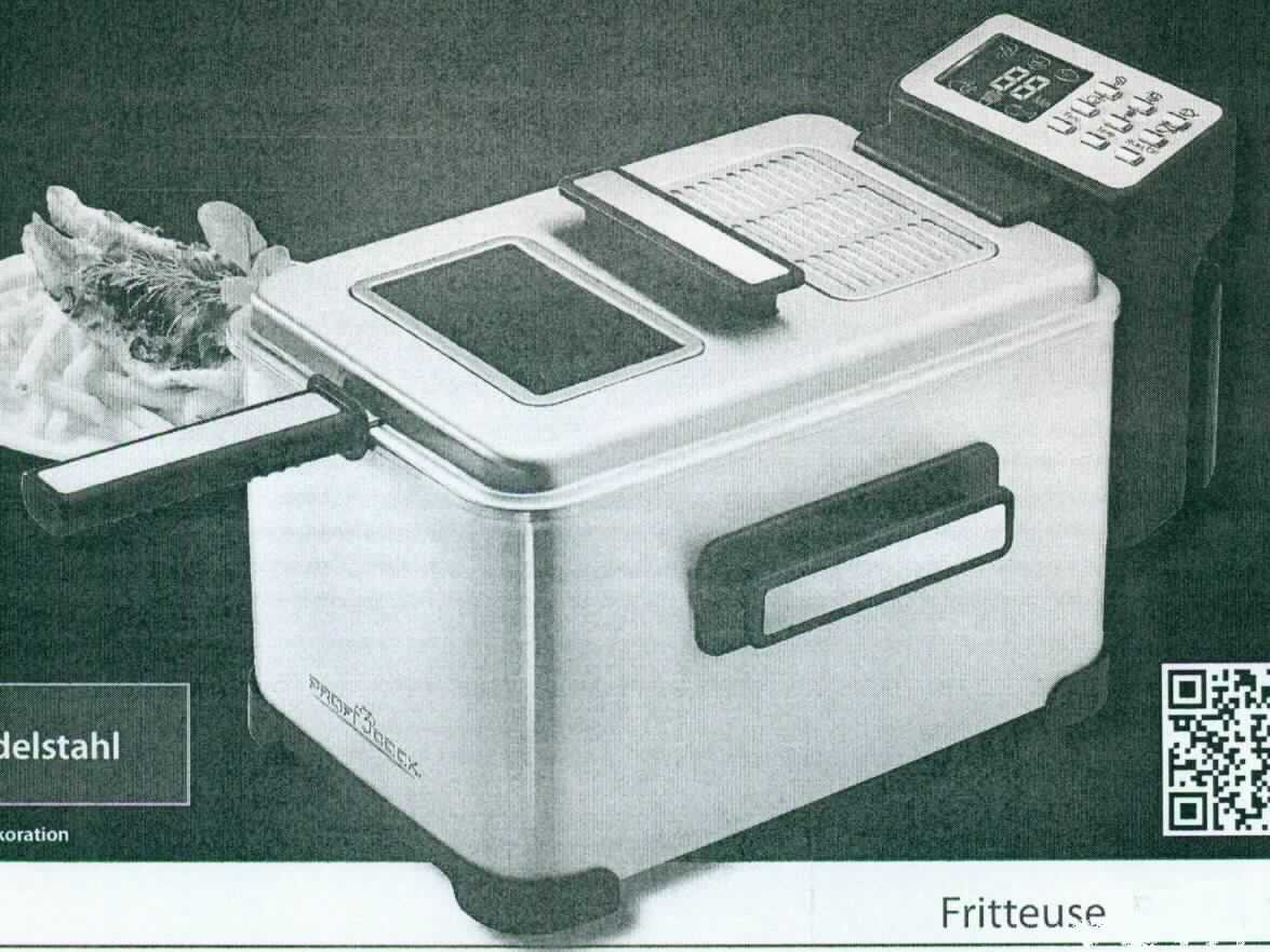 Fritteuse
- aus einem wärmeisolierten Gehäuse aus Edelstahl (Abmessungen: 285 x 265 x 435 mm)
  mit seitlichen Griffen, einem Heizelement, Thermostat, Bedienelement mit LC-Display, 
  herausnehmbarem Sieb mit Griff und einem Deckel mit Sichtfenster und Griff, für eine
  Spannung von 230 Volt bei einer Leistung von 2500 Watt,
- zum Frittieren von Lebensmitteln,
- zur Verwendung im Haushalt bestimmt.

"Elektrowärmegerät für den Haushalt, anderes Elektrowärmegerät als in den Unterpositionen
 8516 31 00 bis 8516 72 00 genannt; sog. Fritteuse"
