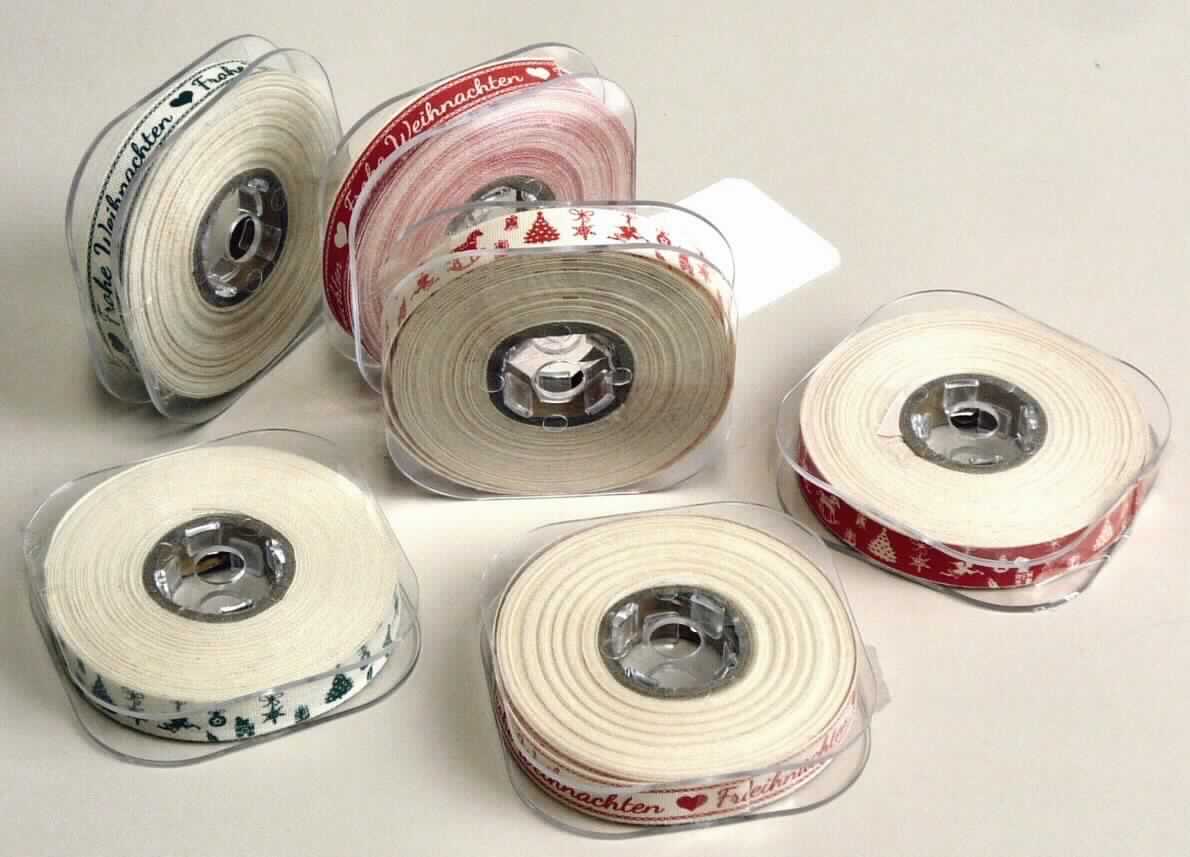 Band, sog. Geschenkband, Art. 1486900, Foto siehe Anlage,
- in einem Set zu sechs Spulen aufgemacht,
- als Meterware auf Rollen, laut Antrag mit einer Länge von 9 m und einer Breite von 1cm,
- aus mit unterschiedlichen Motiven bedruckten Geweben aus laut Antrag Baumwolle,
- mit echten Webkanten an beiden Längsseiten,
- kein Samt, Plüsch, Chenille- oder Schlingengewebe,
- keine Elastomergarne oder Kautschukfäden enthaltend.                                                            

"Band, keine Ware der Position 5807, anderes als in den Unterpositionen 5806 10 und 5806 20 genannte, aus  
 Baumwolle"