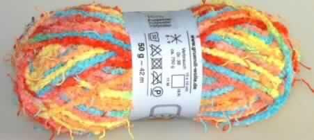 Bindfaden, sog. Handstrickgarn Candy, siehe Foto,
- laut Untersuchungsergebnis:
-- aus einem bedruckten, gezwirnten Garn aus synthetischen Filamenten
   (laut Antrag aus Polyester),
-- mit einem Titer von 11905 dtex,
- als Meterware in einem Knäuel aufgemacht.