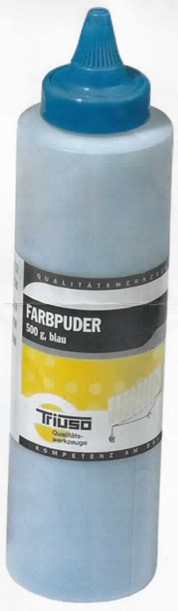 Angaben: Schlagschnurpulver blau, verpackt in einer 500g-Polyethylenflasche. Das Pulver wird in Schlagschnurgeräten zur Markierung von Linien an Flächen (z.B. Innenausbau von Häusern) verwendet. 
 
Warenbeschaffenheit: Blaues, geruchsloses, feines Pulver in 500g-Einzelverkaufsverpackung aus Kunststoff.

Befund: anderes Farbmittel, in Form oder Packung für den Einzelverkauf