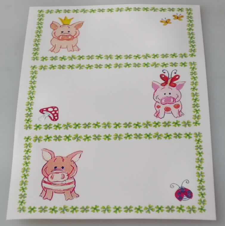 Bei den als "Schuletiketten" bezeichneten Waren handelt es sich nach dem vorgelegten Warenmuster um drei schnittgestanzte, selbstklebende Etiketten aus Papier (Format etwa 7,9 x 4,3 cm) die auf einen Bogen aus Silikonpapier aufgebracht sind. Die Etiketten sind schauseitig mit kindgerechten grafischen Darstellungen von Tieren (z. B. Schweine) bedruckt sowie mit einem eingerahmten Textfeld zum handschriftlichen Beschreiben versehen. Laut Verpackungsaufschrift sind drei mit Etiketten versehene Silikonpapierzuschnitte gemeinsam mit einem im Wesentlichen mit Produktangaben bedruckten Einleger mit Eurolochung in einem Tütchen aus Kunststofffolie verpackt. 

Derartige Waren gehören als "Etiketten aller Art aus Papier, bedruckt, selbstklebend" zur Codenummer 4821 1010 00 des Integrierten Zolltarifs der EG (TARIC).