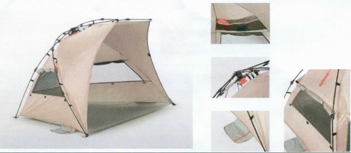 Schirmzeltähnliche Ware, sog. Strandmuschel REKA KOHU, Abbildung siehe Anlage, 
- noch nicht zusammengesetzt eingehend; mit Montagematerial (zwölf Bodenanker und sechs Spannseile), 
- in Form einer aufgeklappten Muschel, mit den Abmessungen von ca. 2,2 m (Breite) x 1,35 m (Tiefe) x 1,26 m 
  (Höhe), 
- mit einem Bezug (Dach) aus Polyestergewebe sowie aus durchbrochenen Gewirken aus Spinnstoffen (drei Be- 
  lüftungsfenster) und einem Boden aus mit Kunststoff beschichtetem Polyestergewebe (lt. Antrag), 
- mit einem schirmähnlichen, zusammenfaltbaren, außen an der Strandmuschel befestigten Gestells (Gestänge) 
  aus Fiberglas (lt. Antrag), 
- an zwei Außenseiten mit am unteren Rand angenähten Hüllen, zum Befüllen mit Sand oder Kies 
  zur Stabilisierung, 
- aufgrund der Beschaffenheit (mit einem schirmgestellähnlichen Gestänge) und der Abmessungen in der Art 
  eines Schirmzeltes zur Aufstellung auf dem Boden bestimmt, daher keine Einreihung in die Position 6306, 
- die Ware dient als Sonnen- und Windschutz, 
- in einer Spinnstofftasche mit Reißverschluss, Schultergurt und eingenähter Aufbauanleitung verpackt.

"Sonnenschirm (gartenschirmähnliche Ware)"