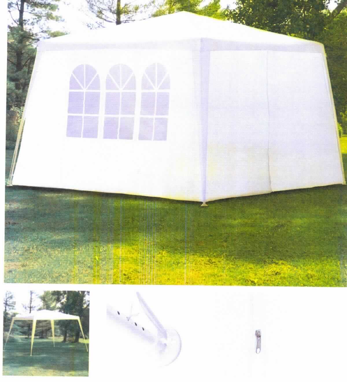 Zelt, Foto siehe Anlage,
- veranschaulicht durch ein Foto und einen Gewebeabschnitt,
- als Gartenpavillon gearbeitet, noch nicht zusammengesetzt eingehend,
- laut Antrag: 
-- mit einer quadratischen Grundfläche von 3 m x 3 m und einer Gesamthöhe von 2,75 m,
-- mit einer Grundkonstruktion aus Stahl,
-- mit einer Dachbespannung und Seitenteilen aus ca. 0,1 mm dicken, einfarbigen Geweben aus Streifen aus 
   Polyethylen (synthetische Spinnmasse), mit einer augenscheinlichen Streifenbreite von weniger als 5 mm; die 
   Gewebe weisen beidseitig einen Glanz auf, ein Bestreichen mit Kunststoff ist mit bloßem Auge jedoch nicht 
   wahrnehmbar (somit kein Flächenerzeugnis des Kapitels 39); mittels Klettverschluss am Gestänge zu 
   befestigen,
-- an den Seitenteilen mit "Fenstern" aus klarsichtiger Kunststofffolie und an einem Seitenteil mit einem Eingang mit 
   "Reißverschlusstür" ausgestattet,
- durch Zusammenfügen konfektioniert,
- bildet in "veschlossenem Zustand" einen geschlossenen Raum und erfüllt daher die Begriffsbestimmung für ein 
  Zelt,
- im Hinblick auf die Verwendung als Zelt und den Umfang bestimmen die Gewebe den Charakter der Ware.

"Zelt aus Spinnstoffen, aus Streifen aus synthetischer Spinnmasse"