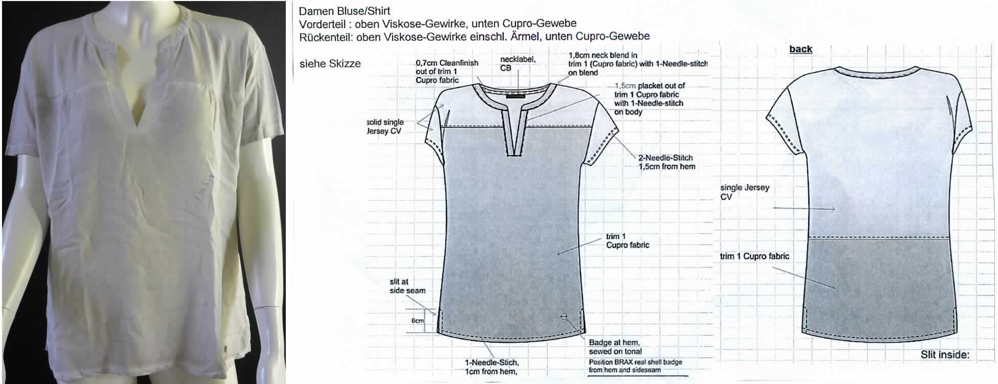 Bluse, sog. Damen Bluse/Shirt, Größe 38, Foto siehe Anlage,
- mit einem Vorder- und Rückenteil teilweise aus ca. 0,3 mm dicken (leichten), einfarbigen Geweben aus laut
  Antrag Cupro (künstliche Chemiefasern) und teilweise aus ca. 0,6 mm dicken (leichten), einfarbigen Gewirken 
  aus laut Antrag Viskose, sowie mit Ärmeln aus den genannten Gewirken, 
- über die Taille reichend (Rückenlänge: ca. 65 cm),
- mit einem runden Halsausschnitt mit V-förmiger Einkerbung, 
- ohne Öffnung und ohne Verschluss,
- ohne Hinweise auf den Trägerkreis (unisex),
- mit kurzen Ärmeln,
- am unteren Rand durch Umschlagen und Festnähen gesäumt, mit ca. 5 cm hochreichenden Seitenschlitzen,
- insbesondere im Hinblick auf den Umfang verleihen die Gewebe der Ware ihren wesentlichen Charakter.

"Bluse, aus Geweben, für Frauen, aus Chemiefasern"
