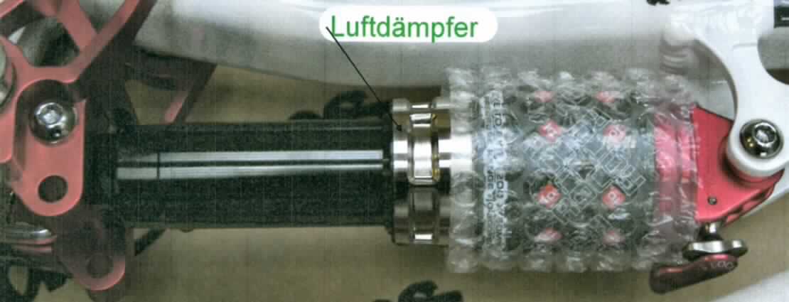Teil für Fahrrad, sog. Luftdämpfer, Foto siehe Anlage,
- luftgefederter Stoßdämpfer zum Anbau im hinteren Rahmenbereich,
- aus lt. Antrag Aluminium, Stahl, Kunststoff und Carbon,
- erkennbar zur Montage am Rahmen eines Fahrrades bestimmt.

"Teil für Fahrräder der Position 8712, Teil eines Rahmens (Luftdämpfer)"