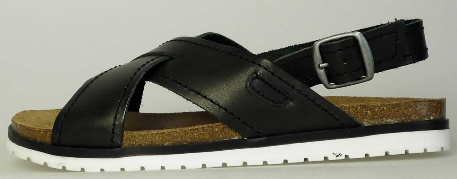 Sandalen (Foto siehe Anlage)
- mit Laufsohlen aus (lt. Antrag) Kunststoff; ohne Hauptsohle aus Holz,
- mit zehenfreiem Oberteil (nicht geschlossenes Blatt) aus Leder,
- seitlich mit Schnallenverschluss,
- ohne Metallschutz in der Vorderkappe,
- nicht den Knöchel bedeckend, 
- mit einer größten Höhe des Absatzes und der Sohle von weniger als 3 cm, 
- mit einer Länge der Innensohle von mehr als 24 cm, 
- nicht als Männer- oder Frauenschuhe erkennbar

"Schuhe mit Laufsohlen aus Kunststoff und Oberteil aus Leder, andere als in den Unterpositionen
 6403 1200 bis 6403 9931 genannt, nicht als Männer- oder Frauenschuhe erkennbar"