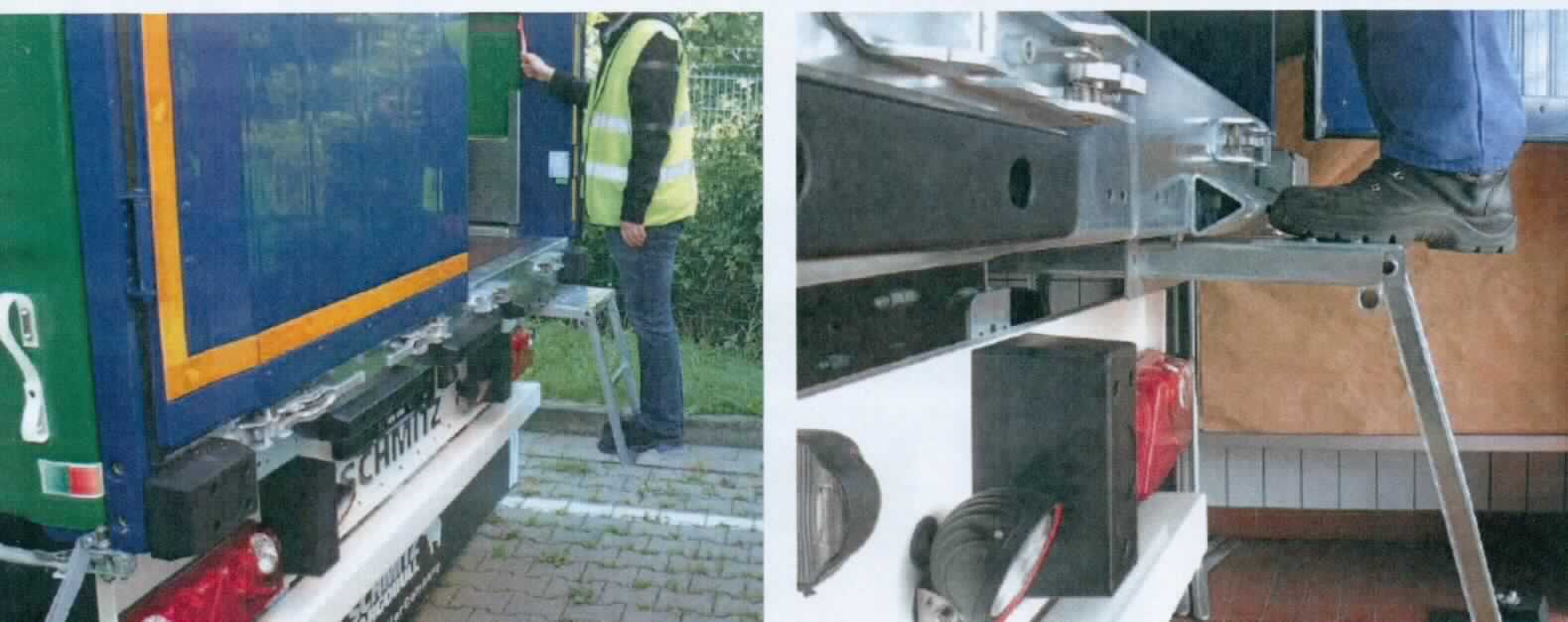 Es handelt sich um Leitern aus Stahl, bestehend aus zwei parallel zueinander angeordneten Holmen, die etwa mittig mit einem Gelenk versehen sind. Die Holme sind durch zwei Sprossen und eine rechteckige Trittfläche miteinander verbunden.
Die ein- und ausziehbaren Erzeugnisse werden am Aufbau eines Trailers (Sattelauflieger) verschraubt und ermöglichen somit den heckseitigen Einstieg.
Abmessungen: 679,2 mm  x 418 mm (L X B)
-Antragstellerangaben-

Abbildung siehe Anlage.

Die Waren stellen sich weder als Teil noch als Zubehör von Beförderungsmitteln des Abschnitts XVIII des Zolltarifs dar und sind somit nach stofflicher Beschaffenheit einzureihen.

Derartige Erzeugnisse gehören als "andere (als in den Unterpositionen 7326 11 und 7326 20 genannte) Waren aus Stahl, Leitern" zur Codenummer 7326 9030 00 0 des Zolltarifs.
