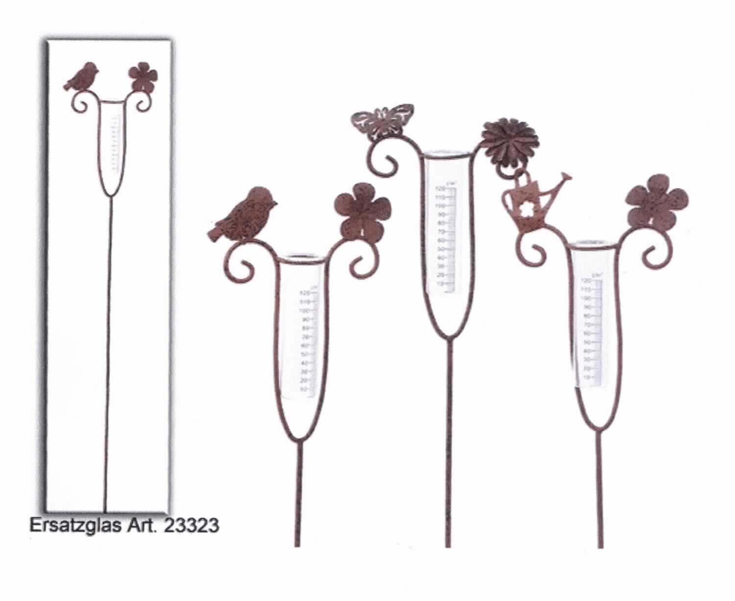 Sog. Regenmesser Flower aus Metall (Stahl) und Glaseinsatz mit Skala, Artikel 23380, im Wesentlichen bestehend aus einem länglichen Stab aus unedlem Metall, der mit stilisierten Motiven (Schmetterling- , Vogel-, und Gießkanne mit Blume) und einer kreisrunden Halterung, je aus unedlem Metall, versehen ist, sowie einem in die Halterung eingehängten Glasgefäß mit Skalierung. (Breite 22 cm, Gesamtlänge 120 cm)
Zur besseren Befestigung im Erdreich weisen die Regenmesser am unteren Ende des Stabes einen U-Haken auf.
Äußere Form: siehe Abbildung in der Anlage.

Die Erzeugnisse dienen der Bestimmung der Niederschlagsmenge in privaten Anwendungsbereichen.

Die Waren, welche in Kartons verpackt sind, werden als "Gerät für die Meterologie, anderes als in den Unterpositionen (TARIC) 9015 1010 10 bis 9015 4090 00 erfasst" eingereiht.