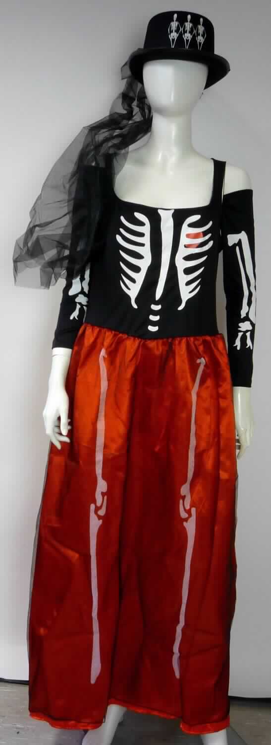 Karnevalskostüm, sog. Frauenkostüm Skeleton, Größe L, Foto siehe Anlage,
- Warenzusammenstellung, bestehend aus einem Kleid, zwei Armstulpen (Bekleidungszubehör) und einem Hut,
- gemeinsam in einem Polybeutel für den Einzelverkauf aufgemacht und zur Befriedigung eines speziellen Bedarfs
  zusammengestellt,
- gehört als Maskenkostüm aus Spinnstoffen nicht zum Warenkreis der Position 9505,
- alle Flächenerzeugnisse aus laut Antrag 100 % Polyester (synthetische Chemiefasern),
- Kleid:
-- oberhalb der Taille aus ca. 0,5 mm dicken, bedruckten Gewirken, 
-- im Rockteil zweilagig gearbeitet; mit einer Innenlage aus ca. 0,2 mm dicken, einfarbigen Geweben und einer 
   Außenlage aus ca. 0,2 mm dicken, bedruckten, durchscheinenden Geweben,
-- über das Knie reichend (Rückenlänge: ca. 137 cm),
-- mit einem eckigen Halsausschnitt,
-- hinten mit einer ca. 45 cm langen Öffnung mit Reißverschluss,
-- ärmellos,
-- an den unteren Rändern gesäumt,
-- kann ohne ein weiteres, den Unterkörper bedeckendes Kleidungsstück getragen werden,
-- hinsichtlich des äußeren Erscheinungsbildes sind die Gewirke und die Gewebe als annähernd gleichbedeutend 
   anzusehen, im Hinblick auf den Umfang verleihen die verschiedenen Gewebe der Ware ihren wesentlichen 
   Charakter,
- Armstulpen:
-- aus ca. 0,5 mm dicken, bedruckten Gewirken, 
-- schlauchförmig; flachliegend mit einer Länge von ca. 47 cm und einer Breite von bis zu ca. 14 cm,
-- bedeckt Teile des Ober- und Unterarms,
-- an den Rändern durch Umschlagen und Festnähen gesäumt (somit konfektioniert),
- Hut:
-- aus einem Stück eines Spinnstofferzeugnisses, 
-- mit einer umlaufenden, bis zu ca. 4,5 cm breiten Krempe (kein Schirm),
-- mit einem Hutband aus Geweben sowie hinten mit einem angeklebten Zuschnitt aus durchscheinenden Geweben
   ausgestattet,
- das Kleid verleiht der Warenzusammenstellung im Hinblick auf den Umfang und die Verwendung ihren
  wesentlichen Charakter.

"Kleid, aus Geweben, für Frauen, aus synthetischen Chemiefasern"