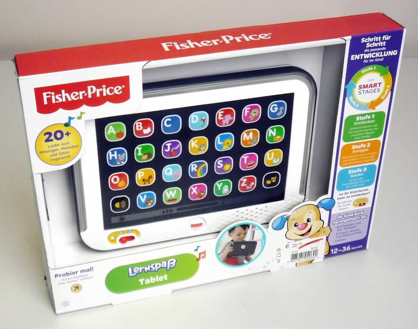 Tragbares, interaktives elektronisches Lernspielprodukt für Kleinkinder
- in Form einer Nachbildung eines batteriebetriebenen Tabletcomputers
- aus Kunststoff gefertigt, rechteckig in den Abmessungen von ca. 19 x 13 x 2,5 cm
- auf der Vorderseite mit 28 Tasten mit dem Alphabet (Buchstaben mit Gegenstand) versehen sowie jeweils 
  einer Taste für Geräusche bzw. Lieder
- mit einem eingebauten Lautsprecher
- mit einem Schalter sind drei Einstellungen wählbar (für Kinder ab 12, 18 bzw. 24 Monaten)
- auf der Rückseite mit einem Schalter zum Aktivieren und zum Regeln der Lautstärke
- drückt man eine Taste, wird der Name des auf der Taste abgebildeten Gegenstandes bzw. der Buchstabe
  angesagt oder es ertönt das dazugehörige Geräusch; der Rand des Tablets leuchtet dazu in verschiedenen 
  Farben auf
- dient Kleinkindern dem spielerischen Erlernen von Buchstaben und Gegenständen 
- in einem Showkarton für den Einzelverkauf aufgemacht.

Die Ware ist als "Spielzeug, nicht von den Unterpositionen (KN) 9503 0010 bis 9503 0085 erfasst, tragbares, interaktives, elektronisches Lernspielprodukt, hautsächlich konstruiert für Kinder" einzureihen.