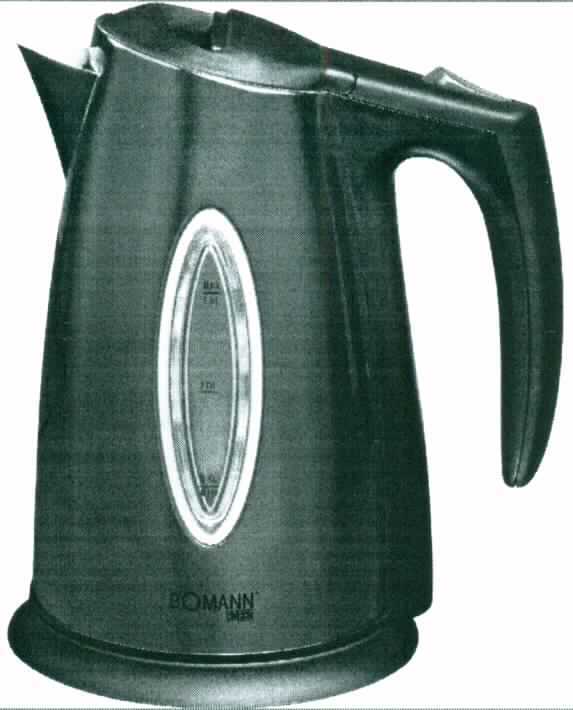 Elektrischer Wasserkocher,
- aus einer Basisstation mit Anschlusskabel und aufgesetzter Edelstahlkanne
  (Fassungsvermögen 1,5 Liter), mit verdecktem Heizelement, einfachem 
  herausnehmbarem Kalkfilter, Kontrollleuchte, beidseitiger Wasserstandsanzeige 
  und automatischer Endabschaltung, Maße (BxHxT) ca. 230 x 260 x 170 mm,
- mit einer Leistung von 2200 Watt, bei einer Spannung von 230 Volt,
- zum Erhitzen von Wasser.

"Elektrischer Warmwasserbereiter, kein Durchlauferhitzer; Wasserkocher"