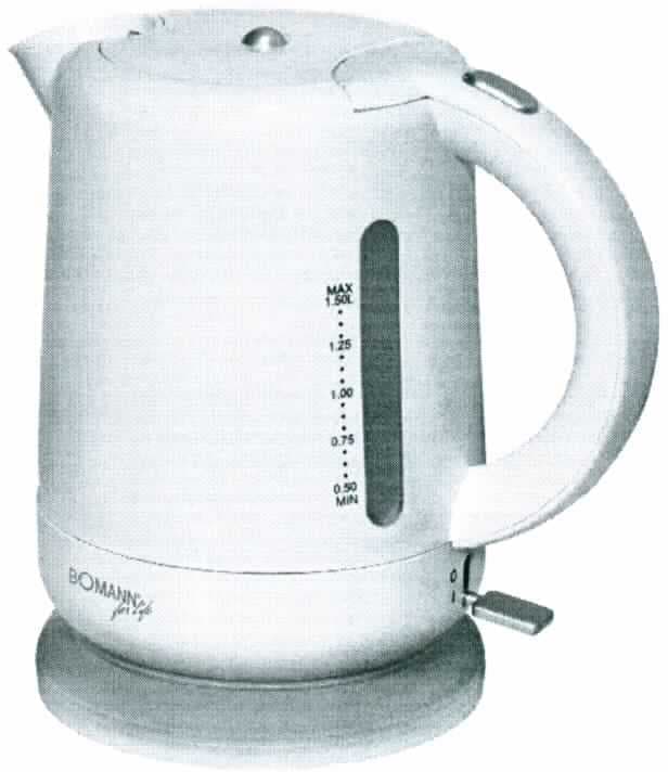 Elektrischer Wasserkocher,
- aus einer Basisstation mit Anschlusskabel und aufgesetzter Kunststoffkanne
  (Fassungsvermögen 1,5 Liter), mit Heizelement, Kalkfilter, Kontrollleuchte, 
  beidseitiger Wasserstandsanzeige und automatischer Endabschaltung,
  Maße (BxHxT) ca. 240 x 235 x 160 mm,
- mit einer Leistung von 2200 Watt, bei einer Spannung von 230 Volt, 
- zum Erhitzen von Wasser.

"Elektrischer Warmwasserbereiter, kein Durchlauferhitzer; Wasserkocher"
