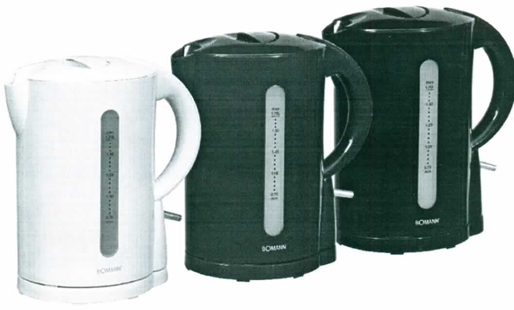 Elektrische Wasserkocher
- aus einer Basisstation mit Anschlusskabel und aufgesetzter kabelloser Kanne 
  (Fassungsvermögen 1,7 Liter), in drei verschiedenen Farben, mit Edelstahl-Heizelement, 
  einfachem herausnehmbarem Kalkfilter, Ein-/Ausschalter mit Statusanzeige, 
  Wasserstandsanzeige und automatischer Endabschaltung, 
  Maße (BxHxT) ca. 200 x 245 x 125 mm,
- mit einer Leistung von 2200 Watt, bei einer Spannung von 230 Volt,
- zum Erhitzen von Wasser.

"Elektrischer Warmwasserbereiter, kein Durchlauferhitzer; Wasserkocher"