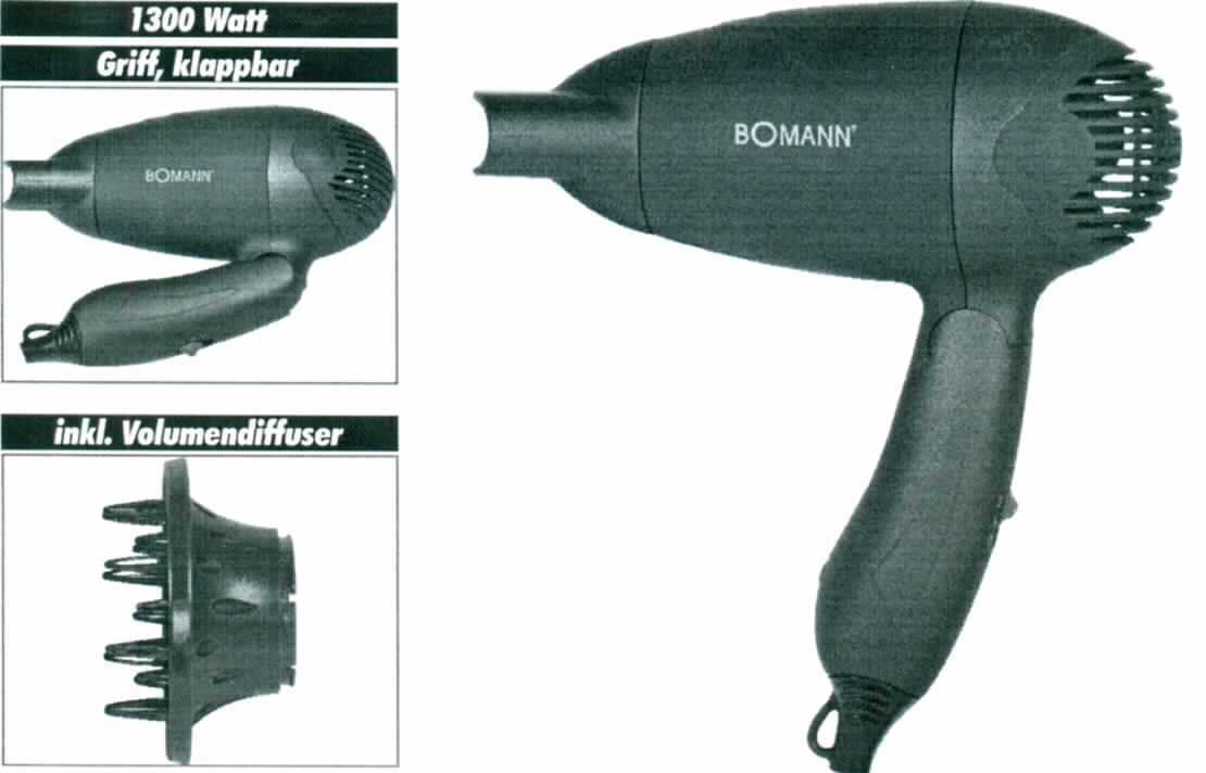 Reisehaartrockner
- in einem Gehäuse mit klappbarem Griff und Aufhängevorrichtung, 
  mit Bedienelementen zum Ein-/Ausschalten und Einstellen der 2 Heiz-/Gebläsestufen, 
  Netzkabel mit Stecker, abnehmbarer, drehbarer Formdüse und Diffuser,
- mit einer Leistung von 1300 Watt bei einer Spannung von 110/230 Volt,
- verpackt in einer für die Ware üblichen Verkaufsverpackung (Klarsichttasche),
- zum Trocknen der Haare.

"Elektrowärmegerät zur Haarpflege, Haartrockner"