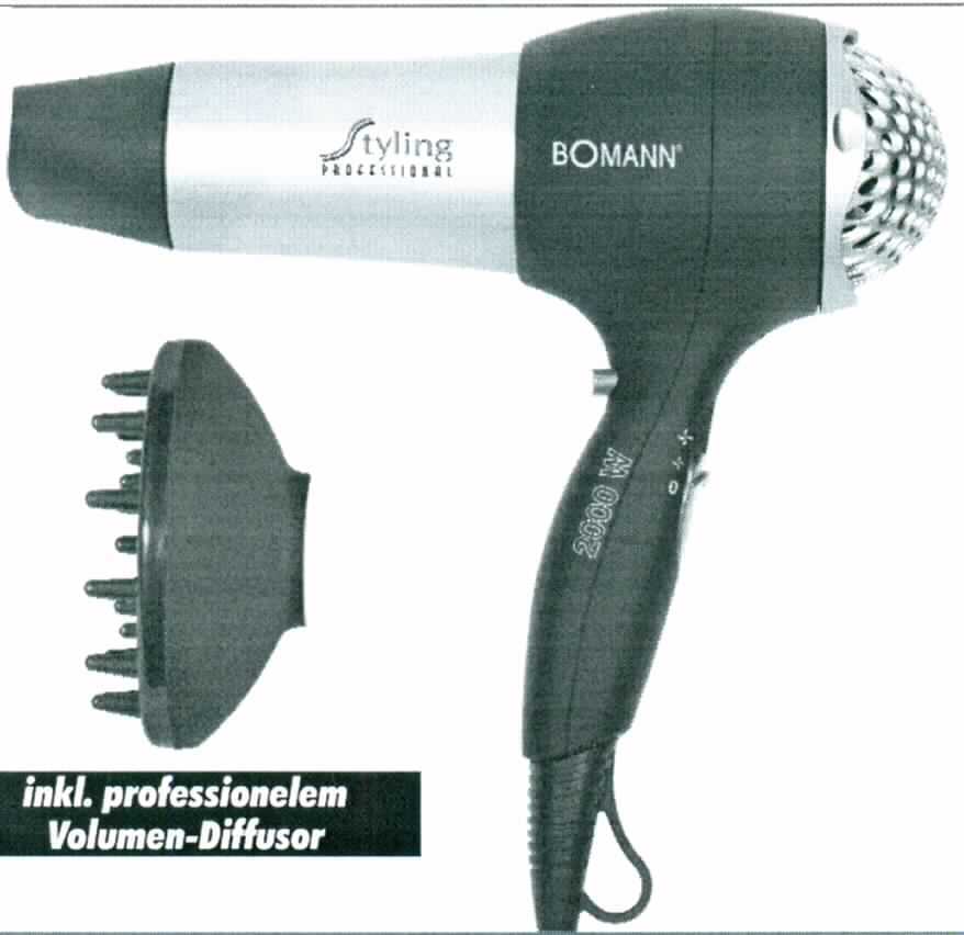 Haartrockner
- in einem Gehäuse mit Aufhängevorrichtung, mit Bedienelementen zum Ein-/Ausschalten 
  und Einstellen der 3 Heiz- und 2 Gebläsestufen sowie der Kaltluftstufe, herausnehmbarem 
  Lufteinlassfilter, Netzkabel mit Stecker sowie Diffuser und Formdüse,
- mit einer Leistung von 2000 Watt bei einer Spannung von 230 Volt,
- zum Trocknen der Haare.

"Elektrowärmegerät zur Haarpflege, Haartrockner"