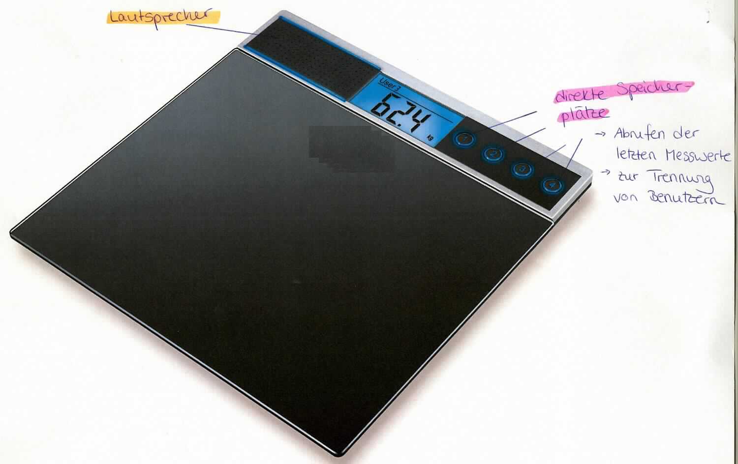 Personenwaage,
- aus einem rechteckigen Gehäuse mit Glastrittfläche (Abmessungen LxBxH: 350 x 340 x 23 mm), 
  Wägemodul, LCD-Display, Batteriefach, Bedienelementen, Abschaltautomatik und Sprachfunktion 
  (Abbildung siehe Anlage),
- zum Wiegen von Personen mit einem Gewicht von max. 150 kg, mit einer Genauigkeit von 100 g. 
Die Personenwaage bestimmt den Charakter des Ganzen.

"Waage mit einer Empfindlichkeit von mehr als 50 mg, Personenwaage (zusammengesetzte Ware aus Personenwaage -charakterbestimmend- und Sprachfunktion) - Personenwaage"