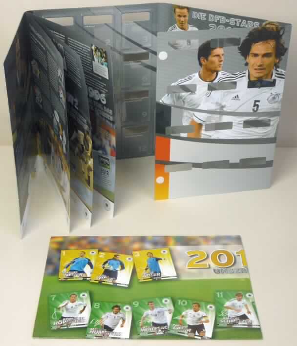 Bei der als "offizielles DFB-Sammelalbum" bezeichneten Ware handelt es sich nach dem vorgelegten Warenmuster und den ergänzenden Angaben der Antragstellerin um eine Zusammenstellung der nachfolgend beschriebenen Waren, die gemeinsam in einen Beutel aus Kunststofffolie verpackt sind und von einer Lebensmittelhandelskette anlässlich der Fußball-Europameisterschaft 2012 (EM 2012) im Rahmen einer Marketingaktion gegen Entgelt an Interessenten abgegeben wird:

1. Ein Sammelalbum, das einer Mappe ähnelt. Das echteckige Erzeugnis (Abmessungen etwa
    86,8 x 29,7 cm) ist entlang seiner drei Doppelfalzen zu einer Mappe des Papierformats 
    DIN A4 zusammengefaltet. Das Album besteht aus einem Kern aus Papier oder Pappe. Das 
    erste, der durch die Doppelfalzungen gebildeten vier Segmente ist auf der Seite, die 
    den Deckel des Albums bildet, vollflächig mit einer Lentikularfolie aus Kunststoff 
    und auf der Rückseite mit farbig bedrucktem Papier beklebt. Das zweite bis vierte 
    Segment, das jeweils zwischen 9 und 12 rechteckige Aussparungen aufweist, ist auf der 
    Rückseite mit Kunststofffolie überzogen. Die Vorderseite der vorgenannten Segmente 
    ist jeweils mit einer dünnen, stabilen Platte aus klarsichtigem Kunststoff beklebt. 
    Jede Platte weist aus dem Material geformte, hervortretende Rahmen auf, die jeweils 
    in einer Matrix angeordnet sind. In jeden dieser Rahmen soll eine der von der 
    Lebensmittelhandelskette zur EM 2012 kostenlos abgegebenen Sammelkarten (nicht 
    Gegenstand die Zolltarifauskunft) eingesetzt werden. Des Weiteren sind auf der 
    Innenseite der Mappe entlang der ersten Doppelfalz zwei DIN A3 große, einmal auf das 
    Format DIN A4 gefalzte, beidseitig farbig bedruckte Papierbogen mit Heftklammern 
    befestigt. Auf diesen Seiten sind neben einem Vorwort des Teammanagers der deutschen 
    Fußballnationalmannschaft sowie Informationen über das Sammeln der zu diesem Album 
    zugehörigen Sammelkarten im Wesentlichen Informationen über die von der National- 
    mannschaft erreichten Erfolge sowie ein handschriftlich zu ergänzender Spielplan der 
    EM 2012 abgedruckt. Der Hintergrund der Lentikularfolie ist wie das Papier, das den 
    Kern des Albums bildet, auf der nach außen gerichteten Seite mit Abbildungen 
    einzelner Stammspieler der deutschen Fußballnationalmannschaft bedruckt. Auf das 
    Papier der Innenseiten, die das zweite bis vierte Segment des Albums bilden, ist in 
    jeden der Rahmen positioniert eine fortlaufende Nummer sowie Vor- und Nachname eines 
    zum deutschen EM-Mannschaftskader gehörenden Spielers oder Trainers abgedruckt.


2. Ein beidseitig farbig bedruckter Papierbogen des Formats DIN A3, zweimal gefaltet auf 
    das Format DIN A4. Auf der einen Seite ist im Wesentlichen der handschriftlich zu 
    ergänzende Spielplan der Fußball-Europameisterschaft 2012 in Form eines Organigramms 
    abgebildet. Auf der Rückseite sind die Schauseiten von 26 der für das unter Nr. 1 
    beschriebene Album bestimmten Sammelkarten abgedruckt, auf denen jeweils ein Spieler 
    des deutschen EM-Mannschaftskaders abgebildet ist. 

3. Ein rechteckiger Papierzuschnitt (Abmessungen etwa 16,0 x 16,5 cm), der mit einer 
    Anleitung bedruckt ist, um optional aus dem unter Nr. 1 beschriebenen Sammelalbum 
    einen prismenartigen Aufsteller zu formen, um die in die Rahmen eingesetzten 
    Sammelkarten zu präsentieren.


Derartige Waren gehören als "Alben für Muster oder für Sammlungen, aus Papier oder Pappe" zur Codenummer 
4820 5000 00 0 des Elektronischen Zolltarifs, deren wesentlicher Charakter im Hinblick auf die Bedeutung für die Verwendung durch das unter 1. beschriebene Sammelalbum bestimmt wird. 

Da bei dem aus verschiedenen Stoffen bestehenden Sammelalbum ein charakterbestimmender Stoff nicht ermittelt werden kann, ist die Ware der Position zuzuweisen, die unter den für ihre Einreihung gleichermaßen in Betracht kommenden Positionen 3926 und 4820 in dieser Nomenklatur nach der numerischen Folge zuletzt aufgeführt ist.

Wegen der Bedeutung in Bezug auf die Verwendung handelt es sich bei dem Erzeugnis nicht um ein Druckerzeugnis des Kapitels 49, da die abgedruckten Informationen und Illustrationen im Hinblick auf den eigentlichen Gebrauch der Ware als Sammelalbum nur nebensächlich sind.