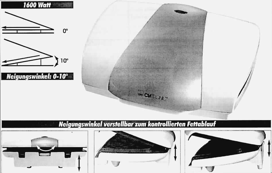Kontaktgrill (sog. Low Fat Grill)
- aus einem aufklappbaren Gehäuse mit je einer unteren und einer oberen beheizbaren, 
  antihaftbeschichteten Platte (B x H: 33,5 x 21,0 cm), Fett-Auffangbehälter, Netzkabel und
  Kontrolleuchte, 
- mit einer Leistungsaufnahme von 1600 Watt, bei einer Spannung von 230 VAC,
- zum Zubereiten (Braten) von warmen Speisen im Haushalt.

"Elektrowärmegerät für den Haushalt, Bratgerät - sog. Low Fat Grill"