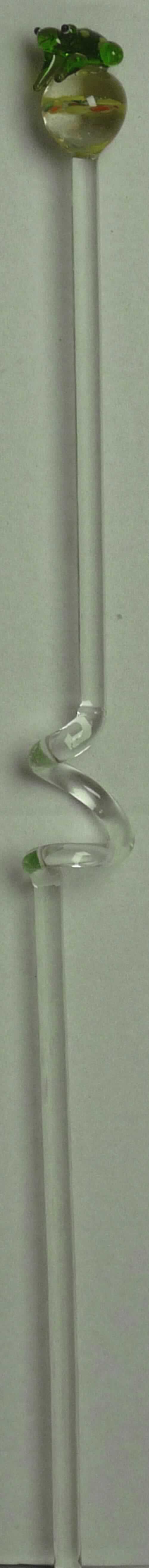 Ziergegenstand aus lampengeblasenem Glas, sog. Stecker Schnecke/Frosch, Art. 25660, Foto siehe Anlage, 
in zwei Ausführungen (verziert mit einer Schnecke bzw. einem Frosch).
- in Form eines mittig S-förmig gearbeiteten, farblosen Stabs mit einer am oberen Ende angearbeiteten Kugel 
  und einer darauf angebrachten, farbig gestalteten Tierfigur (Schnecke bzw. Frosch), 
- - der Stab ist am unteren Ende spitz zulaufend gearbeitet,
- aus lampengeblasenem (gesponnenem) Glas (laut Antrag), 
- mit einer Gesamtlänge von ca. 43 cm,
- zur Verwendung als Stecker in Pflanzen geeignet.

"Ziergegenstand aus lampengeblasenem (gesponnenem) Glas, kein Fantasieschmuck"