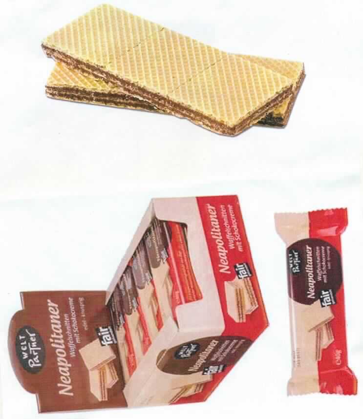 Waffeln mit Schokoladencremefüllung

Antragsangaben:
Neapolitaner, Waffelschnitte mit Schokoladencreme

Beschaffenheit des vorgelegten Warenmusters:
Bunt bedruckter Schlauchfolienbeutel; der Aufdruck enthält Angaben zum Erzeugnis (Neapolitaner - Waffel-
schnitten mit Schokocreme; 40 g) und zu den Zutaten (siehe Feld 8); darin 6 Waffelschnitten (ca. 4,5 cm x 
4 cm x 0,8 cm) aus 3 Waffelblättern, die mit einer dunkelbraunen Creme gefüllt sind; Geschmack süß, nach 
Waffelgebäck mit Kakaocreme.
 
Wassergehalt*: 10 GHT oder weniger
Milchfett**: weniger als 1,5 GHT
Milchprotein**: weniger als 2,5 GHT
Stärke/Glucose***: 5 bis weniger als 25 GHT
Saccharose/Invertzucker/Isoglucose****: 30 bis weniger als 50 GHT

*: abgeleitet aus der Produktspezifikation
**: abgeleitet aus den Analysedaten in Verbindung mit der Zutatenliste
***: festgestellt gemäß VO (EG) 900/2008, VO (EU) 118/2010
****: festgestellt gemäß VO (EG) 900/2008

Backware, Waffel mit einem Wassergehalt von 10 GHT oder weniger, nicht mit Schokolade oder kakaohaltigen Überzugsmassen überzogen oder bedeckt, nicht gesalzen