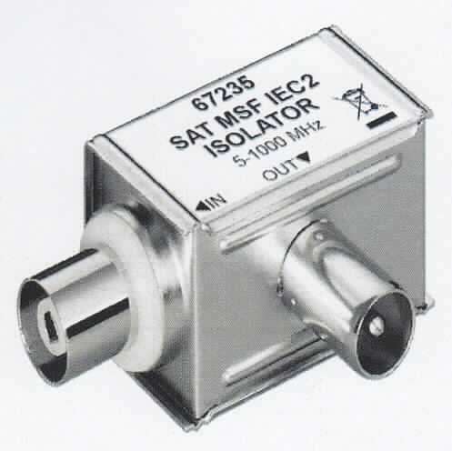 Mantelstromfilter 67235 SAT MSF IEC (Abbildung siehe Anlage)
- aus zwei Kondensatoren und einer Spule in einem Gehäuse mit zwei Koaxialanschlüssen,
- für einen Frequenzbereich von 5 - 1000 MHz,
- zur Verhinderung von Massebrummen mittels galvanischer Massetrennung von Antennen und Empfangsgeräten.

"Teil, erkennbar ausschließlich zur Verwendung mit Antennen für Geräte der Positionen 8525 bis 8528
 bestimmt; Mantelstromfilter"