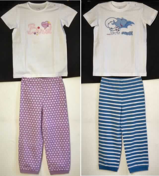 Zweiteilige Zusammenstellung, bestehend aus einer Bluse und einer langen Hose, sog. 2 teiliger Kinder Pyjama, 
P. 64486 (Knabenmodell), Größe 110/116, Foto siehe Anlage,
- gemeinsam für den Einzelverkauf aufgemacht,
- kein Schlafanzug, da die Kleidungsstücke nach ihren objektiven Merkmalen (insbesondere Schnitt, Ausstattung 
  und Gesamteindruck) unterschiedslos im Bett oder an anderen Orten getragen werden können und daher nicht 
  dazu bestimmt sind, ausschließlich oder im Wesentlichen als Nachtkleidung im Bett getragen zu werden,   
- keine Kombination, weil die Kleidungsstücke nicht aus ein und demselben Flächenerzeugnis hergestellt sind,
- beide Teile aus lt. Antrag 100 % Baumwolle,
- ohne Hinweise auf den Trägerkreis (unisex),
- Bluse:
-- aus ca. 0,5 mm dicken, einfarbigen Gewirken,
-- mit mehr als 10 Maschen je linearen Zentimeter in jeder Richtung,
-- bis über den Schritt reichend (Rückenlänge: ca. 48 cm),
-- mit einem halsnahen, runden Ausschnitt,
-- auf der linken Schulter mit einer kurzen Öffnung mit Druckknopfverschluss (somit keine Kleidung der 
   Position 6109),
-- mit kurzen Ärmeln, 
-- vorn mit einem Motiv und einem Schriftzug bedruckt,
-- am unteren Rand durch Umschlagen und Festnähen gesäumt.

"Bluse, aus Gewirken, für Mädchen, aus Baumwolle"