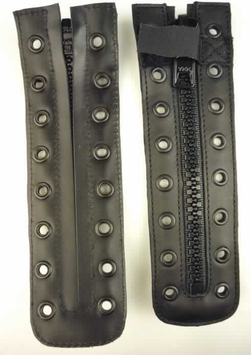 Set aus zwei Reißverschlüssen als Stiefelschnellverschluss, sog. Service Zipper (NFA 2001000).
Der einzelne Reißverschluss mit einer Gesamtgröße von ca. 19 x 5,5 cm (Länge x Breite) 
- besteht im Wesentlichen aus an zwei Stoffbändern angebrachten Kunststoffzähnen und einem Metallschieber,
- ist eingenäht in einen u-förmig zugeschnittenen Lederstreifen, in den beidseitig je 8 Metallösen eingelassen sind, und
- ist versehen mit einem bei geschlossenem Reißverschluss direkt unterhalb des Schiebers angebrachten Klettverschluss.
Die beiden Reißverschlüsse sind in einer Blisterverpackung für den Einzelverkauf aufgemacht.

Die Ware ist als "Reißverschluss, mit Zähnen aus Kunststoff" einzureihen.