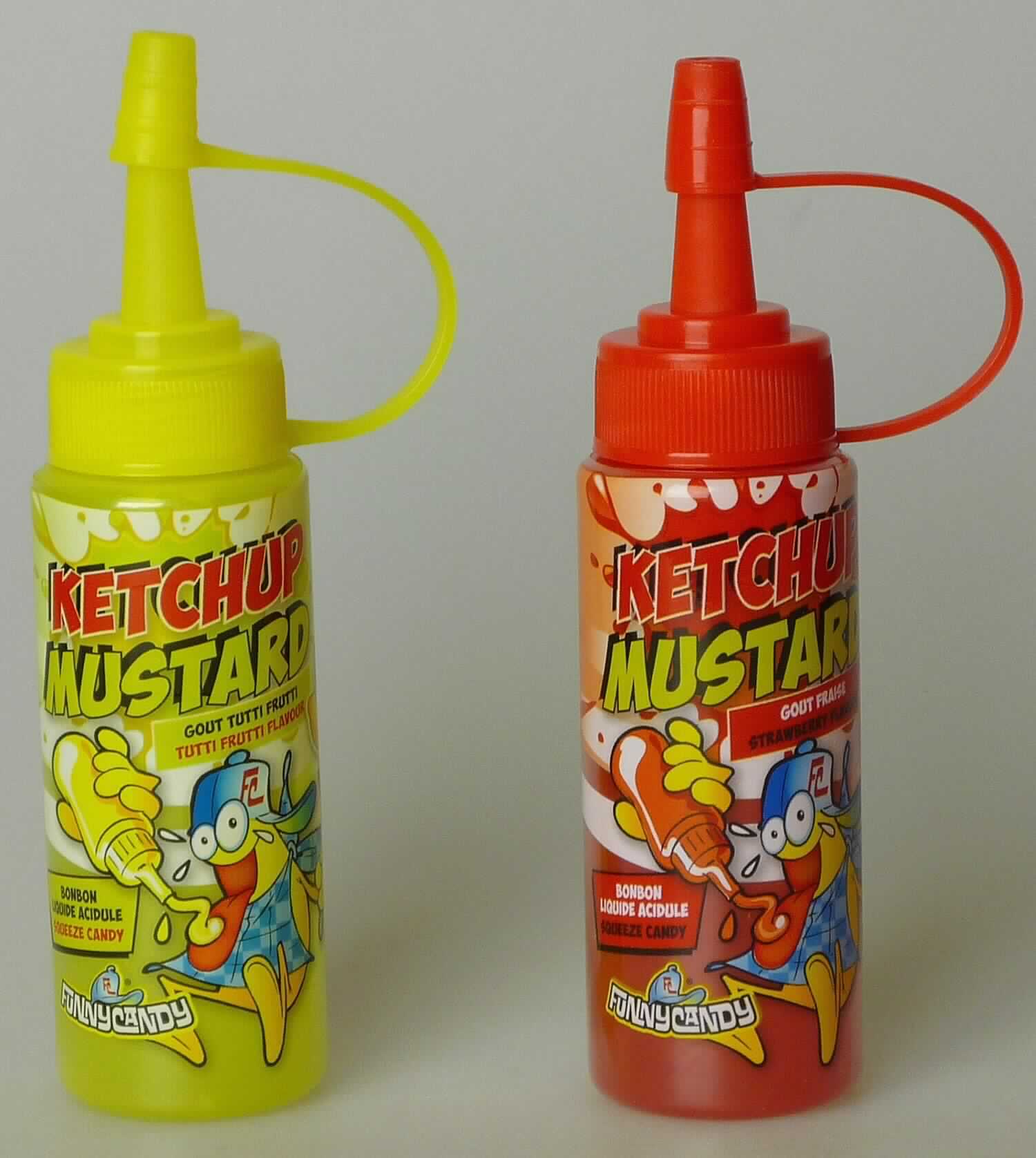 Flüssige Süßware, mit Erdbeer- bzw. Tutti-Fruttigeschmack

Umschließung: In mehrfarbig bedruckte Klarsichtfolie eingeschweißte Original-Spritzflasche (50 ml) mit 
Tropfverschluss, mit Produktbezeichnung, Zutatenliste und weiteren Hinweisen.

Inhalt: Hellroter (Erdbeergeschmack) bzw. hellgelber (Tutti-Fruttigeschmack), klarer, zähfließender Sirup; 
Geschmack nach Fruchtaroma, süß, säuerlich, nicht unmittelbar trinkbar.

Lebensmittelzubereitung, anderweit weder genannt noch inbegriffen, Zuckersirup, aromatisiert oder gefärbt, 
Glucose- und Maltodextrinsirup