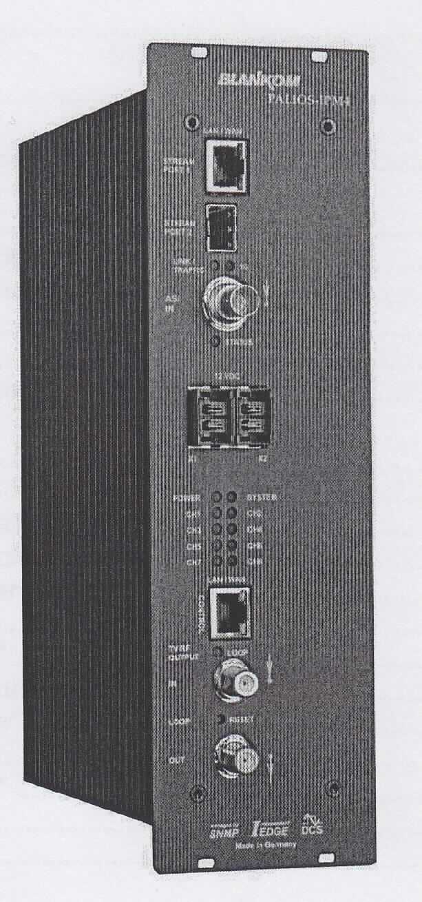 Fernsehsender/-empfänger
- aus Ethernet-Controllern, Audio-/Videosignalelektronik mit MPEG-Decoder und HF-Modulator mit 
  Ausgangsumsetzer in einem Einbaugehäuse (Abmessungen: 262 x 76 x 167 mm) mit Ethernet-
  Schnittstellen, ASI-Eingang und HF-Ausgang (Abbildung siehe Anlage),
- zum Empfangen von digitalisierten Bild- und Tonsignalen (Fernsehsignale) in Form eines MPEG-
  Transportstroms, deren Umwandlung in ein analoges Fernsehsignal und zum Senden dieses 
  Fernsehsignals (45 - 862 MHz) nach Einbau in eine Kopfstation,
- zusammen mit Beipack (Kabel, Abschlusswiderstand, Montagematerial) in einer gemeinsamen 
  Verkaufsumschließung.
Der Fernsehsender/-empfänger bestimmt den Charakter des Ganzen.

"Sendegerät für das Fernsehen, mit eingebautem Empfangsgerät (in Warenzusammenstellung mit nicht charakterbestimmendem Beipack)"