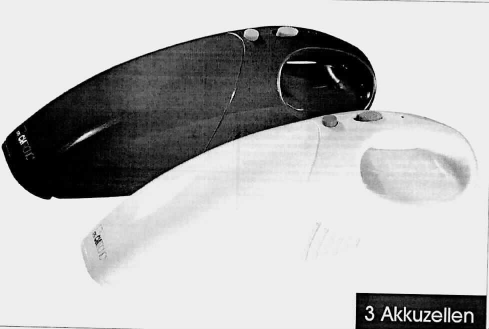 Akku Sauger
- aus einem Kunststoffgehäuse mit Tragegriff, eingebautem Elektromotor, Filtersystem mit
  auswaschbarem permanent Staubfilter, Staubbehälter, drei wiederaufladbaren NiCd-Akkus 
  sowie einer Fugen- und Bürstendüse (Abbildung siehe Anlage),
- mit einer Leistung von weniger als 1500 Watt und einem Fassungsvermögen des Staub- 
  behälters von weniger als 20 l,
- zum Aufsaugen von Schmutz in Wohnräumen,
- zusammen mit Beipack (Standfuß, Wandhalterung und Lade-Netzteil) in einer gemeinsa- 
  men Verkaufsumschließung.
Der Akku Sauger bestimmt den Charakter des Ganzen.

"Staubsauger mit eingebautem Elektromotor mit einer Leistung von weniger als 1500 Watt 
 und einem Fassungsvermögen des Staubbehälters von weniger als 20 l (Warenzusammen-
 stellung aus charakterbestimmendem Staubsauger und Beipack) - sog. Akku Sauger"