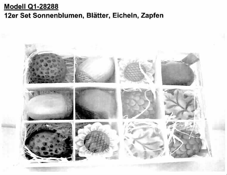 Keramische Ziergegenstände, sog. Deko-Figuren (12-fach sortiert; ein Warenmuster lag nicht 
vor, Einreihung aufgrund der ergänzenden Antragsangaben und vergleichbarer Muster), siehe Foto, 
- unglasierte, bunt bemalte, innen hohle, stilisierte Nachbildungen von Sonnenblumen, 
  Blätter, Eicheln, Zapfen, in unterschiedlichen Formen und Abmessungen, 
- keramische Erzeugnisse, nach der Formgebung gebrannt, tonmineralhaltiges Material 
  enthaltend, 
- aus feinen Erden (lt. ergänzenden Antragsangaben), 
- verpackt in einer Holzstiege (handelsübliche Verpackung), 
- handgearbeitet (lt. Antragsangaben).