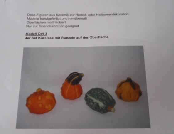 Keramische Ziergegenstände, sog. Deko-Kürbisse (4-fach sortiert; ein Warenmuster lag nicht 
vor, Einreihung aufgrund der ergänzenden Antragsangaben und vergleichbarer Muster), siehe 
Foto, 
- unglasierte, bunt bemalte, innen hohle, stilisierte Nachbildungen von Kürbissen, in unter- 
  schiedlichen Formen und Abmessungen, 
- keramische Erzeugnisse, nach der Formgebung gebrannt, tonmineralhaltiges Material 
  enthaltend, 
- aus feinen Erden (lt. ergänzenden Antragsangaben), 
- handgearbeitet (lt. Antragsangaben).