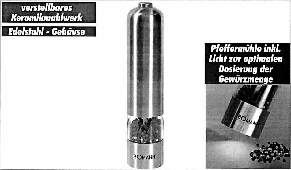 Pfeffer-/Salzmühle
- aus einem zylindrigen Edelstahlgehäuse mit eingebautem Elektromotor, verstellbarem
  Keramikmahlwerk, Batteriefach, Behälter (als Sichtfenster), Schalter und Leuchte,
- zum Mahlen von Pfeffer oder Salz, zum Gebrauch im Haushalt.
Die Pfeffer-/Salzmühle bestimmt den Charakter der Ware.

"Elektromechanisches Haushaltsgerät mit eingebautem Elektromotor, Lebensmittel-  
 zerkleinerungsgerät (zusammengesetzte Ware aus Pfeffer-/Salzmühle
 -charakterbestimmend- und Leuchte) - Pfeffer-/Salzmühle"