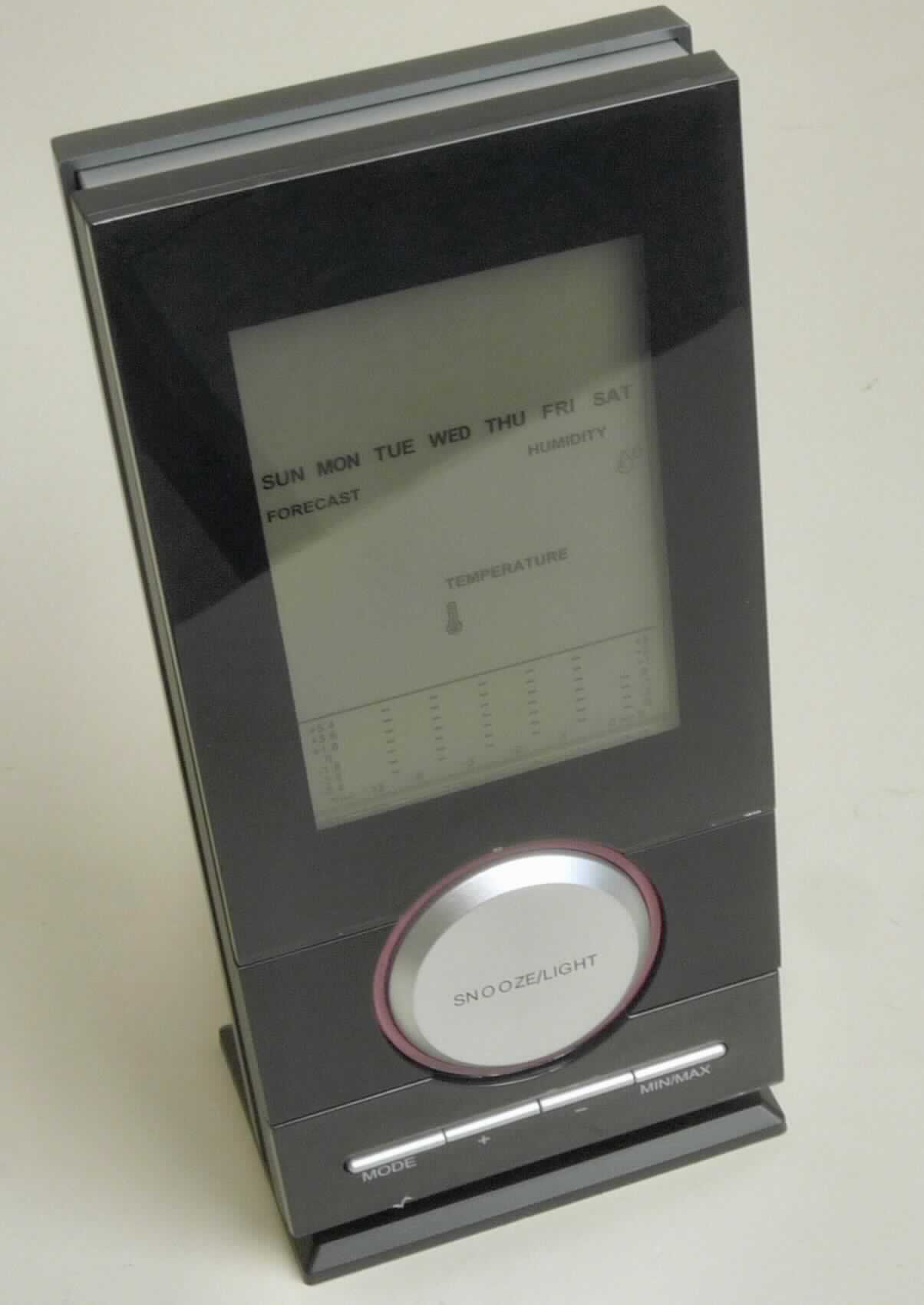 Wetterstation "London" in Form einer zusammengesetzten Ware, im Wesentlichen bestehend aus einem ca. 17 cm x 8 cm x 2,5 cm großen Kunststoffgehäuse mit Flüssigkristallanzeige, Bedienelementen, Standfuß und Aufhängevorrichtung (äußere Form: siehe Abbildung in der Anlage).
Die Wetterstation verfügt über folgende Funktionen bzw. Anzeigemodi:
-	Wetter-Symbole: sonnig, teilweise bewölkt, wolkig und Regen,
-	Innentemperaturanzeige (0 bis 60° C/F),
-	Raumluftfeuchtigkeit (29% bis 99% Anzeige),
-	Mondphase,
-	Wochentagsanzeige (englisch),
-	Alarm-/Schlummerfunktion (Snooze),
-	Displaybeleuchtung,
-	Schaltanzeige: Uhrzeit, Kalender, Alarm- und Erinnerungsfunktion,
-	Kalender (Jahr 2000 - 2099) sowie über eine
-	Funkfernsteuerung.
Der Charakter der Ware wird im Bezug auf die Menge/Funktion und den Umfang durch das Thermometer und das Hygrometer bestimmt.
Die Ware wird als "elektronisches Hygrometer, mit einem Thermometer kombiniert, nicht von den Codenummer 9025  8040 10 0 bis 9025 8040 30 0 erfasst" eingereiht.