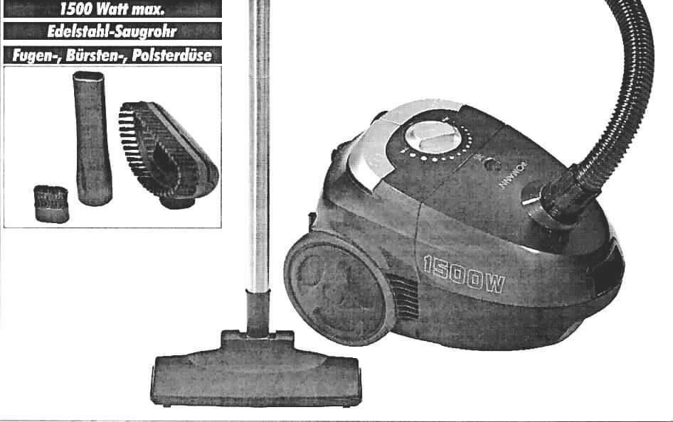Bodenstaubsauger
- aus einem Kunststoffgehäuse mit Tragegriff und zwei gummierten Laufrollen, eingebautem 
  Elektromotor, Filtersystem, automatischer Kabelaufwicklung mit Netzkabel inklusive
  Stecker, Saugschlauch, Saugrohr, Boden-, Fugen, Bürsten- und Polsterdüse,
- mit einer Leistung von 1500 Watt und einem Fassungsvermögen des Staubbehälters von 
  weniger als 20 l,
- zum Aufsaugen von trockenem Schmutz in Wohnräumen.

"Staubsauger mit eingebautem Elektromotor mit einer Leistung von 1500 Watt und einem 
 Fassungsvermögen des Staubbehälters von weniger als 20 l - sog. Bodenstaubsauger"