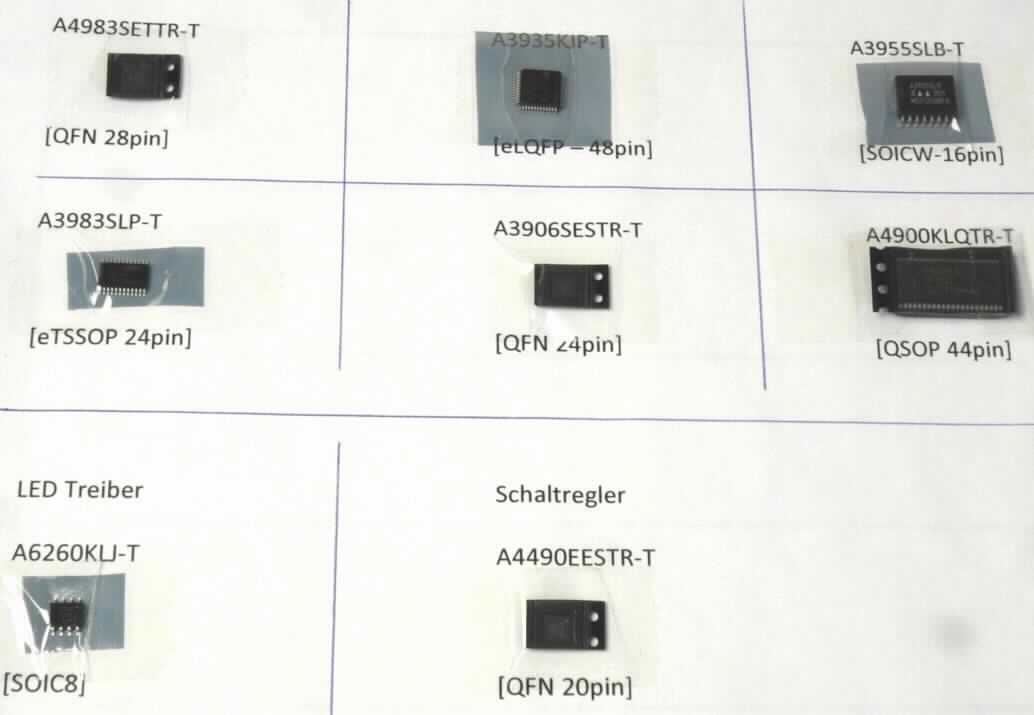 Schaltregler (sog. Triple Output Step-Down Switching Regulator A4490EESTR-T),
- in Form einer monolithischen integrierten Schaltung, 
- in einem QFN-Gehäuse mit 20 Anschlüssen (Abbildung siehe Anlage, ebenfalls abgebildete Motortreiber und 
  LED-Treiber sind nicht Gegenstand dieser vZTA). 

"Elektronische integrierte Schaltung, kein Prozessor und Steuer- und Kontrollschaltung, 
 kein Speicher oder Verstärker, Schaltregler in Form einer monolithischen integrierten Schaltung"