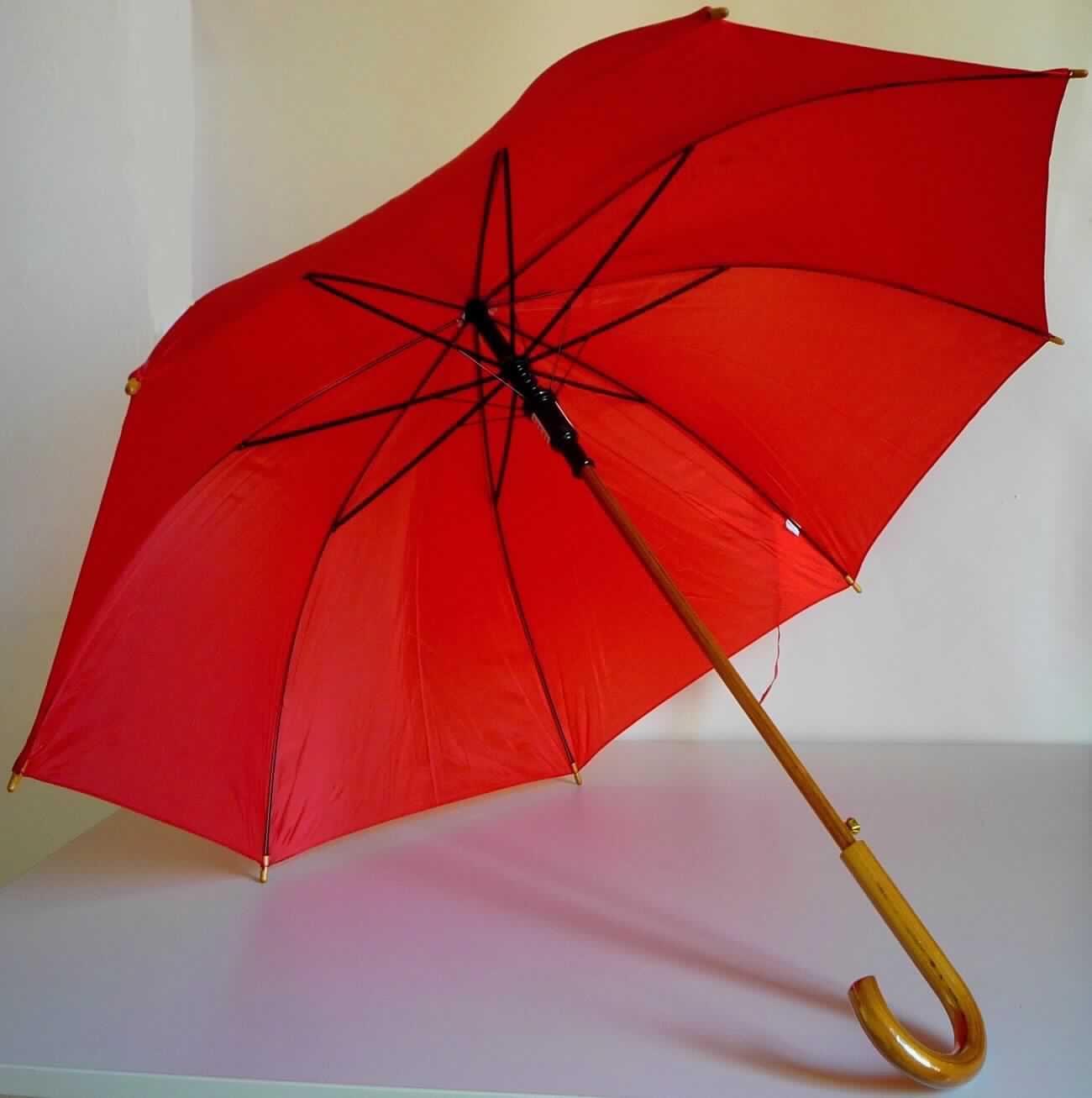 Regenschirm, sog. halbautomatischer Stockschirm, Art. Nr. 45131, Foto siehe Anlage, 
- mit einem Bezug aus Spinnstoffgeweben, 
- mit einem Gestell aus unedlem Metall,
- mit einem Griffstück und einem Schirmstock aus Holz, 
- zum wirksamen Schutz gegen Regen, 
- mit einer übergezogenen Verkaufsumschließung aus Kunststofffolie.

"Regenschirm, ohne Teleskopauszug, mit Bezug aus Geweben aus Spinnstoffen"