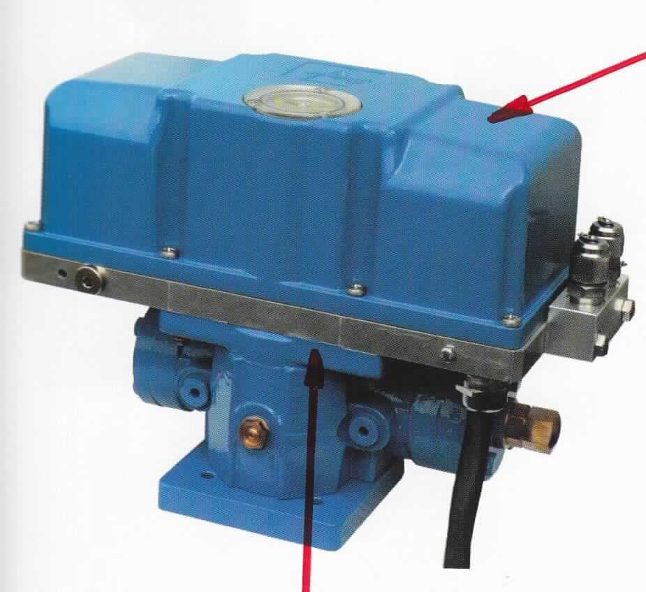 Elektrohydraulischer Schwenkantrieb
- aus einem modular aufgebauten Gerätesystem mit hydraulischen Schwenkantrieb, 
  bestehend aus Zahnstange und Ritzelwelle in einem Gussgehäuse, einem Hydraulik-
  aggregat mit Zahnradpumpe, Hydrauliköl-Tank, Trägerplatte, Klemmleiste für Kabel-
  anschluss und Stellungsanzeige sowie einer elektrischen Steuerung,
- zur Umwandlung von hydraulischer Energie in eine Bewegung,
- zur Verwendung als Antrieb im Maschinenbau, zum Aufbau auf eine Absperrklappe.

"Andere Motoren und Kraftmaschinen, Hydromotor, linear arbeitend (Zylinder), 
 Hydrosysteme - sog. elektrohydraulischer Schwenkantrieb"