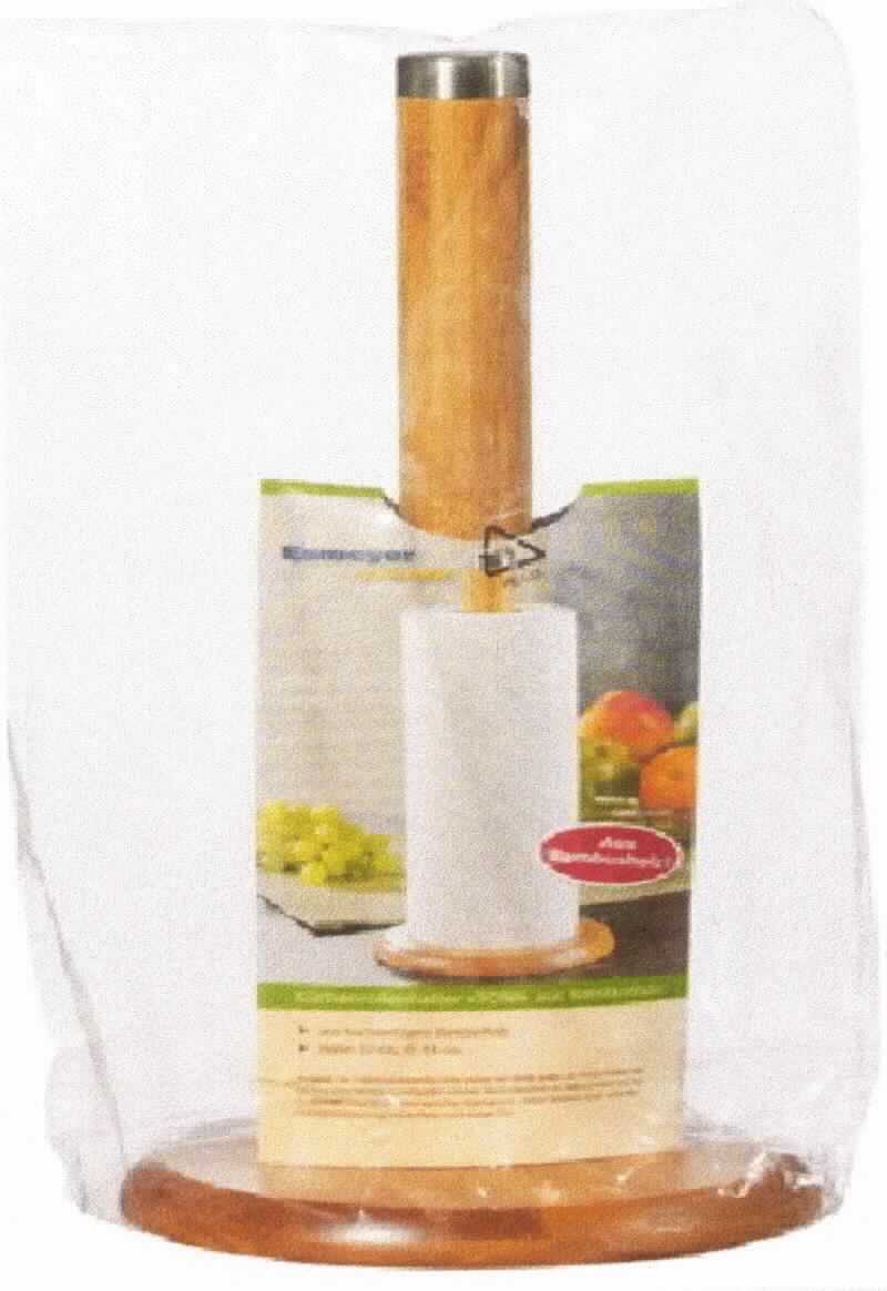 "Küchenrollenhalter, Art. 290-218"
- aus einer runden Bodenplatte (Durchmesser ca. 14 cm) und einer mittig angebrachten, senkrecht stehenden 
  Stange, aus aufeinander und nebeneinander verleimten Bambuslamellen (Lagenholz), das obere Ende der Stange 
  mit einem Kopf aus Edelstahl versehen, Gesamthöhe ca. 32 cm,
- mit Papiereinleger in Kunststofffolie verpackt,
- zur Verwendung in der Küche.
(Abbildung siehe Anlage)

Der Charakter des Ganzen wird hinsichtlich des Umfangs durch das Holz bestimmt.

"Holzware zur Verwendung bei Tisch oder in der Küche, aus Bambus, weder Brotbretter, Schneidebretter und ähnliche Bretter noch Essstäbchen (zusammengesetzte Ware aus Holz - Charakter bestimmend - und unedlem Metall)"