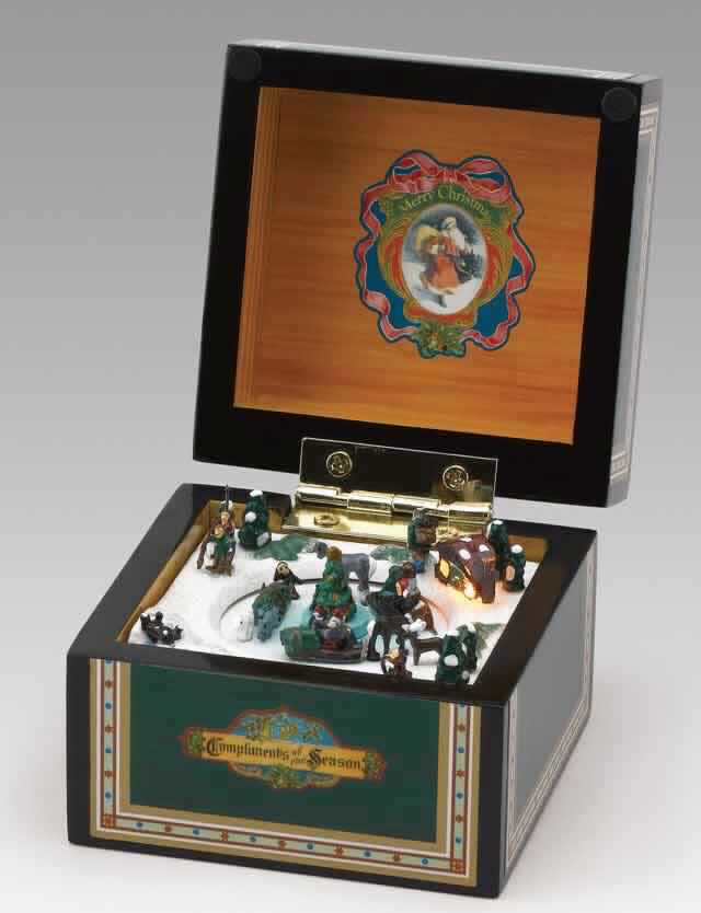 Sog. Spieluhr "Mini-mini Schlitten", im Wesentlichen bestehend aus einem Etui aus Holz in Form einer quadratischen Kiste mit einem Deckel mit Ornamenten und mit einem eingebauten und per Hand aufzuziehenden Spieldosenmechanismus (laut Antragstellerangaben). Beim Aufklappen des Behältnisses wird eine winterliche Landschaft mit verschneiten Häusern und Bäumen sowie verschiedenen Figuren sichtbar (zum Teil beleuchtet) und die innere Szene mit einem geschmückten Weihnachtsbaum auf einer Eisfläche dreht sich nach Aufziehen der Spieluhr zur Melodie "Jingle Bells". Die Beleuchtung wird über ein elektronisches Modul gesteuert.
Bei der Ware handelt es sich nicht um einen Weihnachtsartikel der Position 9505 des ZT, da die vorrangige Funktion das Spielen von Musik ist.

Die Ware ist als "Spieldose" einzureihen.

Anlage: 1 Abbildung