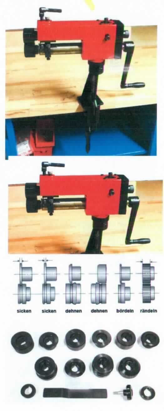 Bördelmaschine BDMS01,
- aus einem Tischgerät mit Handkurbel und Vorrichtung zur Befestigung an Werkbänken (Abmessungen
  LxBxH: 540 x 160 x 580 mm), mit 6 Paar Sicken- und Bördelwalzen, für Blechstärken bis 1 mm, mit 
  einem Gewicht von 22 kg (Abbildung siehe Anlage),
- zum Herstellen von Ausstellungssicken und Verbindungssicken. 

"Werkzeugmaschine zum Biegen von Metallen, nicht numerisch gesteuert, zum Bearbeiten von Flacherzeugnissen - Bördelmaschine"