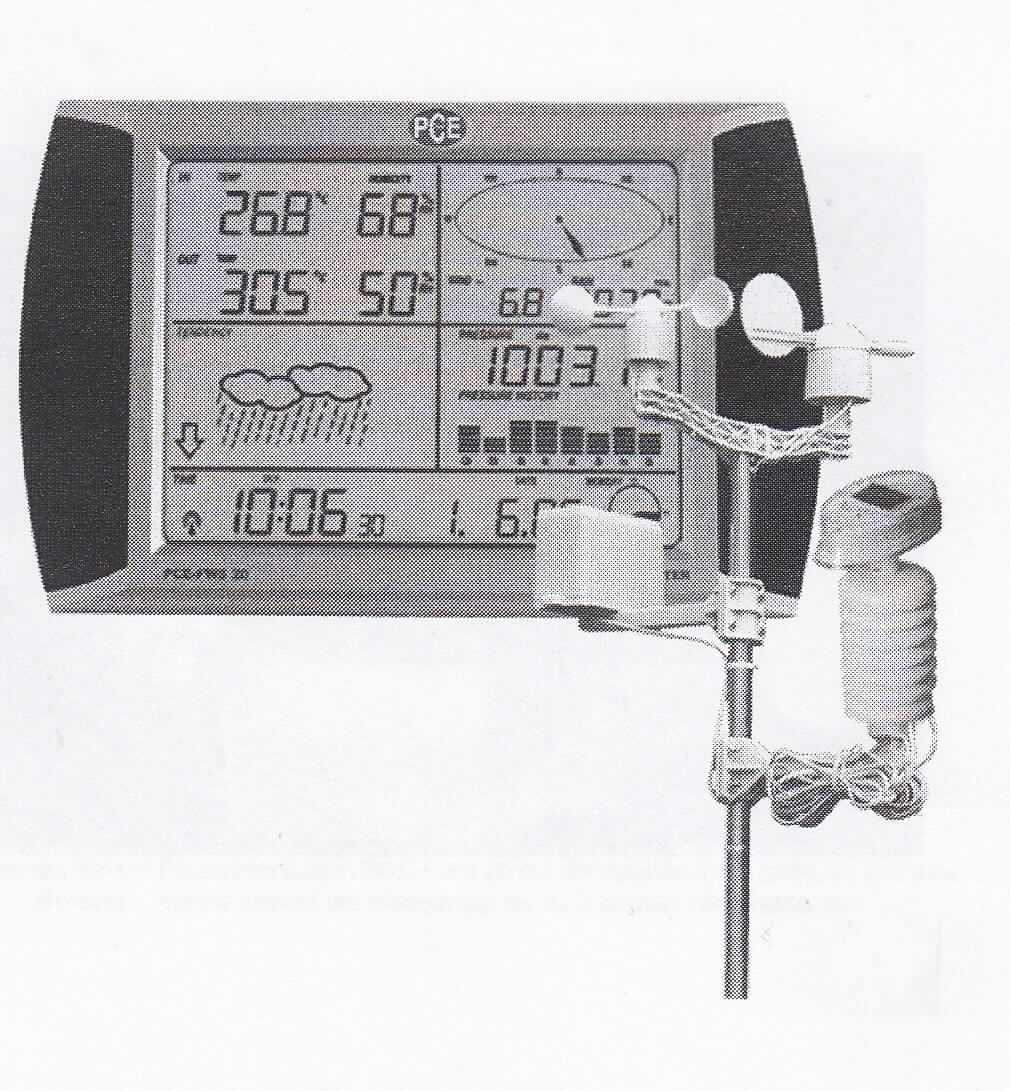 So genannte Funkwetterstation PCE-FWS-20, in Form einer funktionellen Einheit, noch nicht zusammengesetzt,  im Wesentlichen bestehend aus 
1 x Hauptstation mit Touchscreen Display
1 x Funk-Transmitter inkl. Temperatursensor + Luftfeuchtesensor  + Solarmodul + Akku und 
      Wettermasthalterung
1 x Regensensor + Wettermasthalterung
1 x Windgeschwindigkeitssensor + Wettermasthalterung
1 x Windrichtungssensor
1 x Wettermast
1 x USB-Anschlusskabel (ca. 1 m)
1 x Wetteranalyse Software
1 x Bedienungsanleitung
Alle Komponenten sind in einer gemeinsamen Verkaufsumschließung verpackt (Warenzusammenstellung in Aufmachung für den Einzelverkauf).
Die Wetterstation zeigt u.a. Innentemperatur, Außentemperatur, Innenluftfeuchte, Außenluftfeuchte, Luftdruck Niederschlag, Windgeschwindigkeit und -richtung an (äußere Form: siehe Abbildung in der Anlage). Sie erhält die Daten (Temperatur, Luftfeuchtigkeit, Luftdruck, Niederschlagsmenge, Windgeschwindigkeit und -richtung und Wettertendenz) der Außensensoren über Funk. Darüber hinaus werden die Zeit und das Datum angezeigt.
Im Hinblick auf die Verwendung und den Umfang bestimmen das Thermometer und die anderen Wettermessgeräte den Charakter der zusammengesetzten Ware.
Die Ware wird als "elektronisches Thermometer mit Barometer und Hygrometer kombiniert, nicht für zivile Luftfahrzeuge bestimmt " eingereiht.