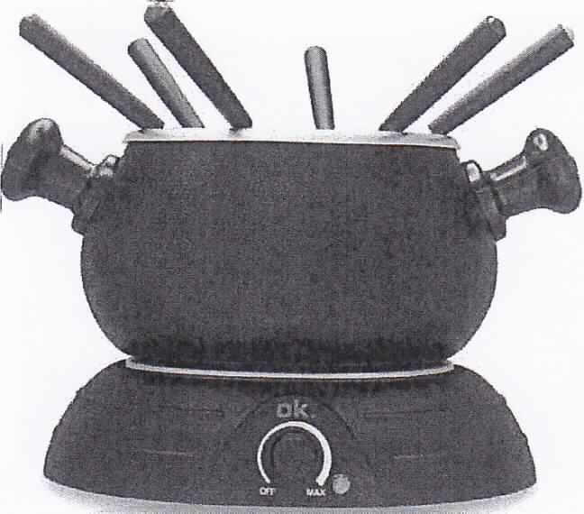 Elektrisches Fondue-Set
- aus einer Einzelkochplatte in einem Edelstahlgehäuse, mit regelbarem Thermostat und
  Betriebsleuchte,
- in gemeinsamer Verpackung mit einem Fonduetopf (Kapazität 1,9 L) mit wärmeisolierten
  Griffen, Aluminium Spritzschutz sowie sechs Fonduegabeln,
- mit einer Leistung von 400 Watt, für eine Spannung von 220-240 Volt,
- zur Zubereitung von warmen Speisen am Tisch.

Die Einzelkochplatte bestimmt den Charakter des Ganzen.

"Elektrowärmegerät für den Haushalt, Einzelkochplatte (Warenzusammenstellung aus 
 Kochplatte -charakterbestimmend-, Fonduetopf und Fonduegabeln); Fondue OFO"