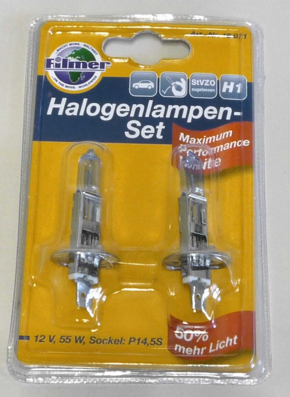 Halogenlampe, Art. 16.071, Art. 16.072 und Art. 16.073,
- aus einem mit Halogengas gefüllten Glaskolben mit Wolfram-Glühwendel und P14,5S-Sockel (H1)
  bzw. P43T-Sockel (H4) bzw. PX26D-Sockel (H7),
- für eine Spannung von 12 Volt bei einer Leistung von 55 Watt,
- jeweils zwei Stück in einem Kunststoffblister aufgemacht,
- zur Verwendung in Kfz-Scheinwerfern.
(Abbildung siehe Anlage)

"Wolfram-Halogen-Glühlampe, von der für Kraftfahrzeuge verwendeten Art"