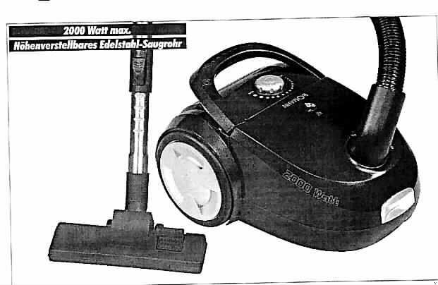 Bodenstaubsauger
- aus einem Kunststoffgehäuse mit gummierten Laufrollen und Tragegriff, eingebautem 
  Elektromotor, Filtersystem, Saugschlauch, Teleskop-Saugrohr, Bodendüse, automatischer 
  Kabelaufwicklung, Netzkabel mit Stecker sowie einer Polsterdüse und kombinierten Bürst-/ 
  Fugendüse,
- mit einer Leistung von 2000 Watt und einem Fassungsvermögen des Staubbehälters von 
  weniger als 20 l,
- zum Aufsaugen von trockenem Schmutz in Wohnräumen.

"Staubsauger mit eingebautem Elektromotor mit einer Leistung von 2000 Watt und einem
 Fassungsvermögen des Staubbehälters von weniger als 20 l - sog. Bodenstaubsauger"