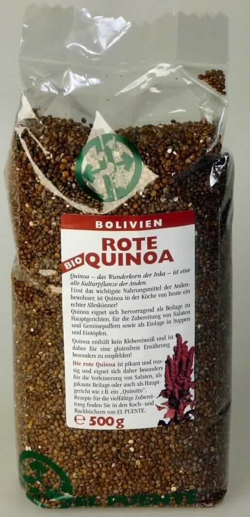 Quinoa (Reismelde)

Antragsangaben als zutreffend unterstellt: Rote Quinoa kbA, aus Bolivien, importiert als Sackware à 25 kg.

Beschaffenheit der vorgelegten Warenprobe: Rotbraune, kleine, flache, annähernd scheibenförmige Samen von Chenopodium quinoa (Quinoa / Reismelde), im transparenten, etikettierten, Folienbeutel von 500 g Inhalt aufgemacht. Geschmack und Geruch arttypisch, wie Quinoa.

Anderes Getreide, Quinoa (Chenopodium Quinoa).
